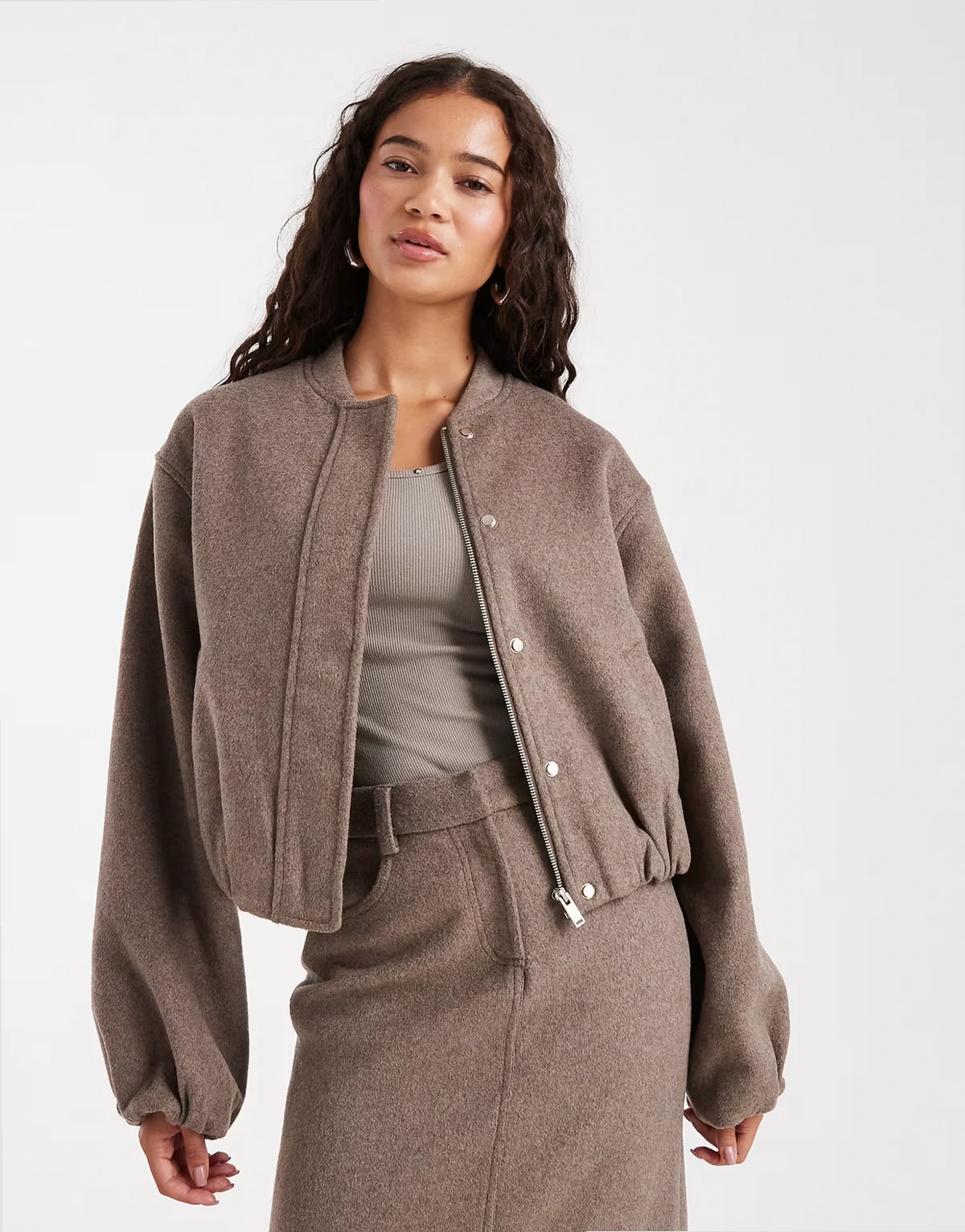 wool blend soft tailored collarless balloon sleeve bomber jacket in mocha - part of a set