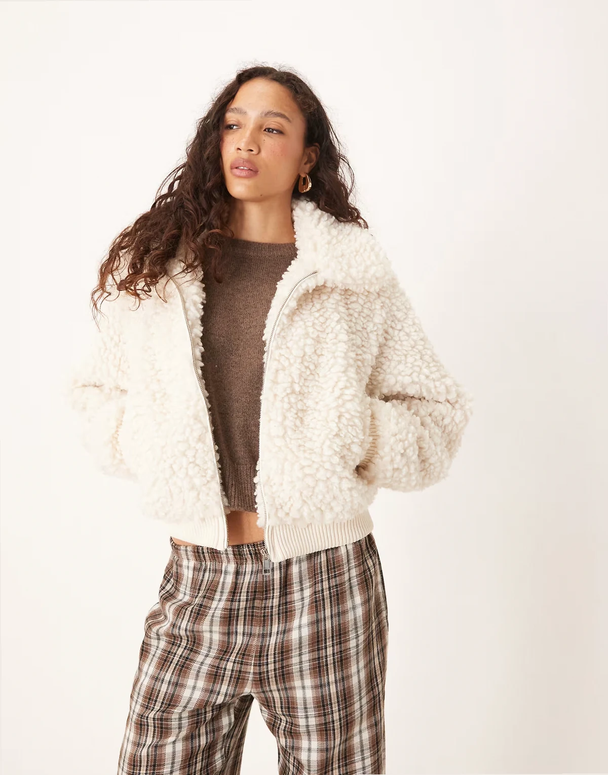 faux shearling bomber jacket in cream