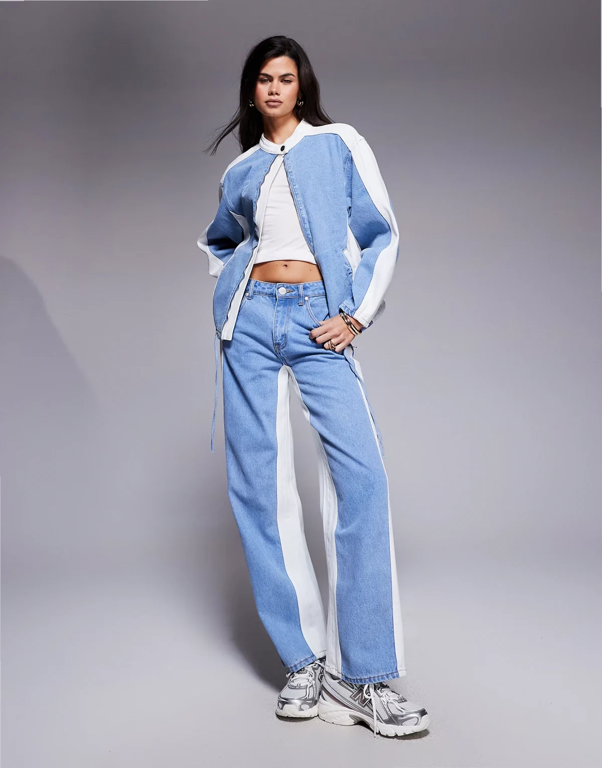 oversized denim biker jacket with contrast panel in multi - part of a set