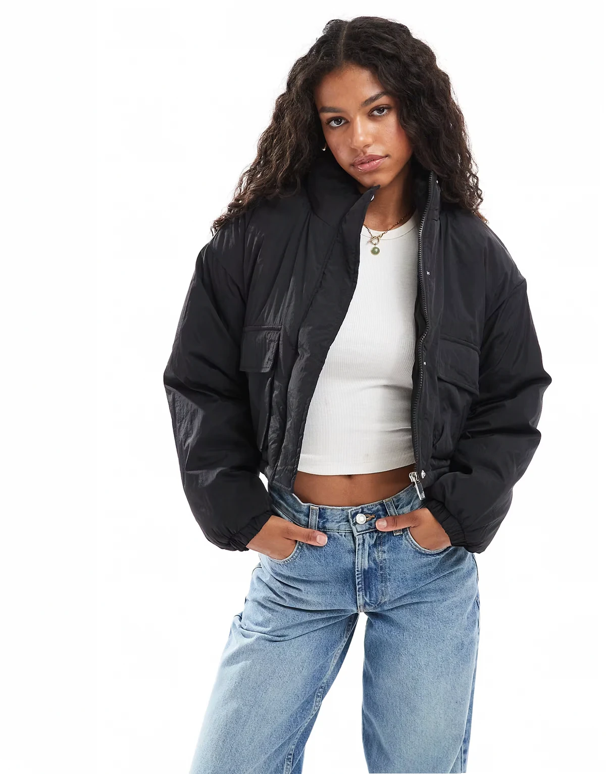 funnel neck short padded jacket with pockets in black