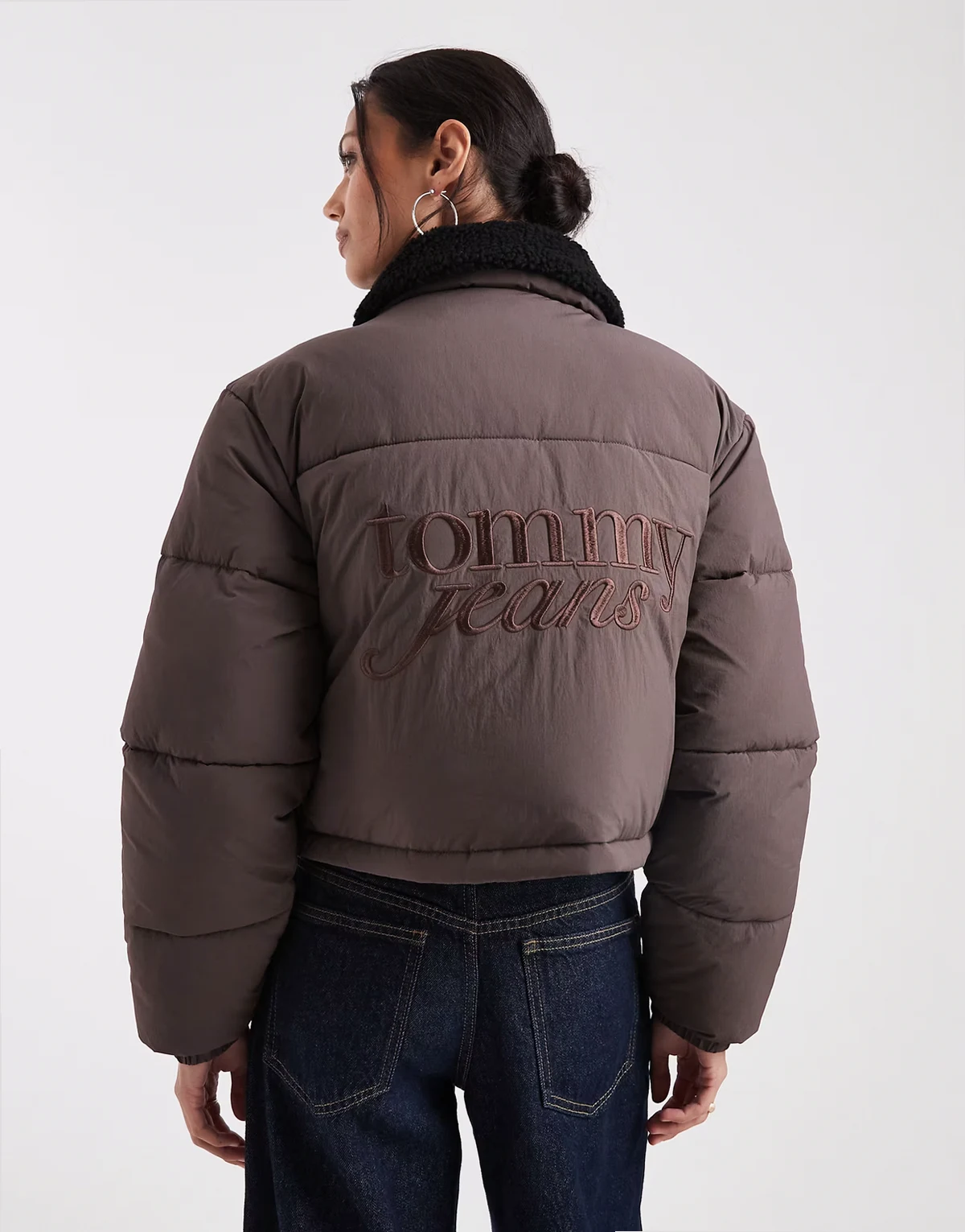 teddy collar puffer jacket in brown