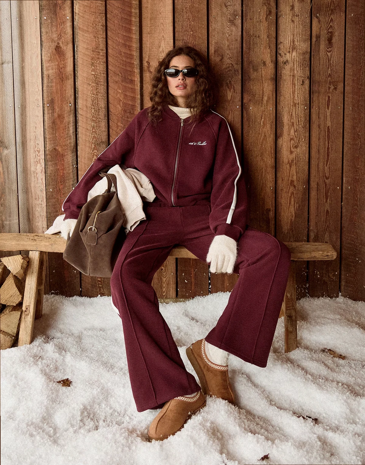 cotton rich zip up embroidered logo bomber sweatshirt in cherry - part of a set