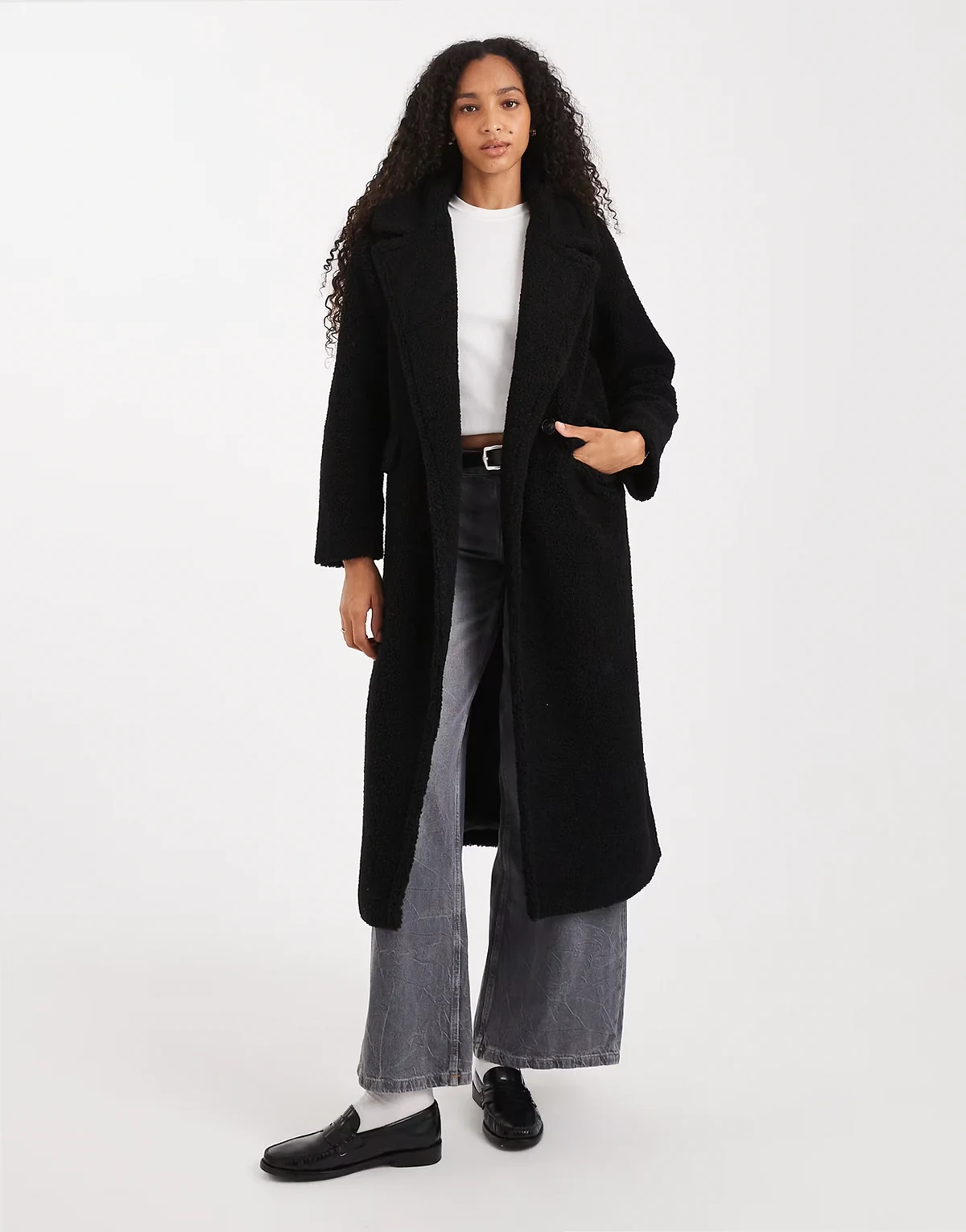 borg maxi coat in black