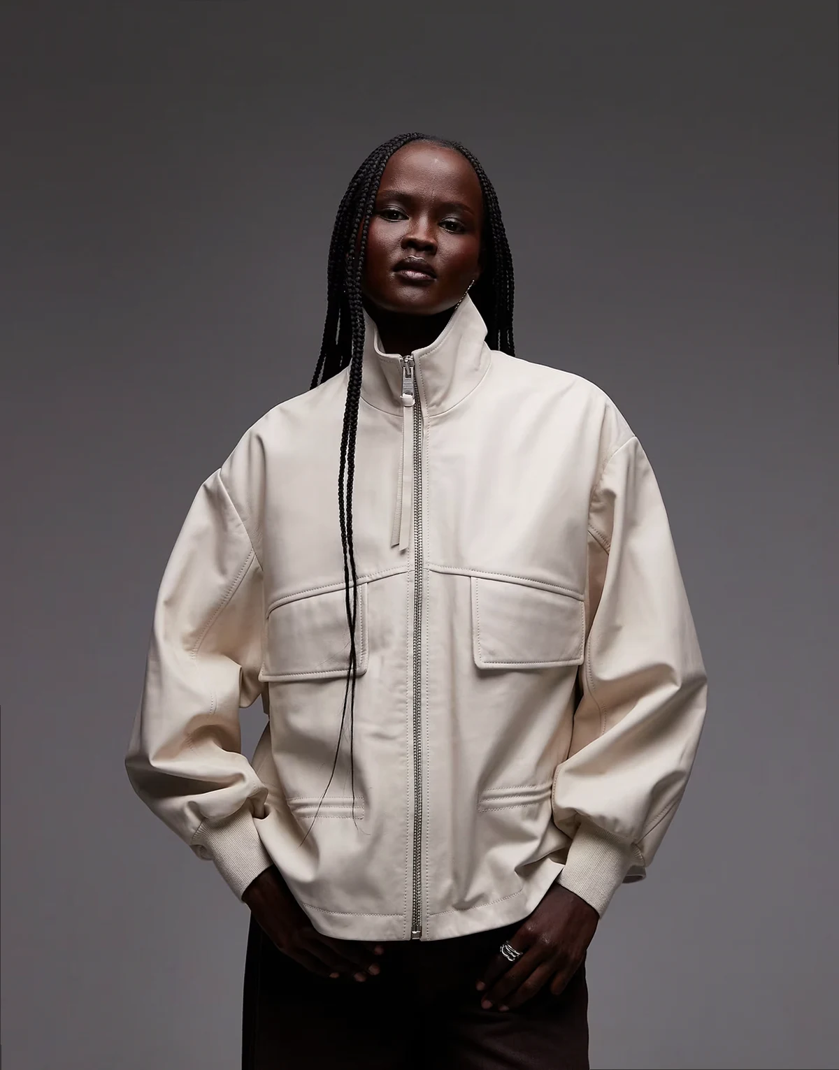 Flor funnel neck leather bomber jacket in cream