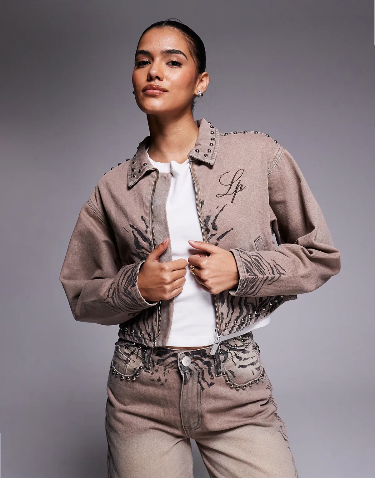 oversized boxy denim jacket in brown zebra - part of a set