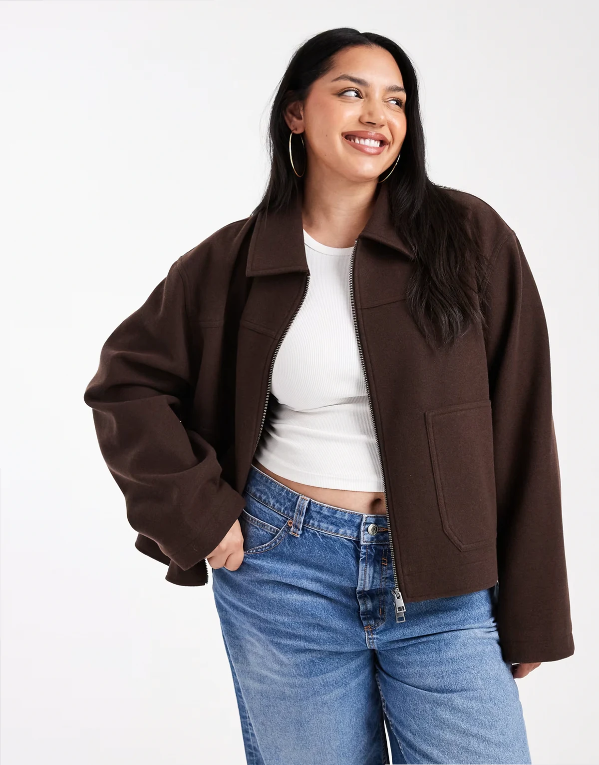 ASOS DESIGN Curve – Zapinana na zamek czekoladowa kurtka z kołnierzem