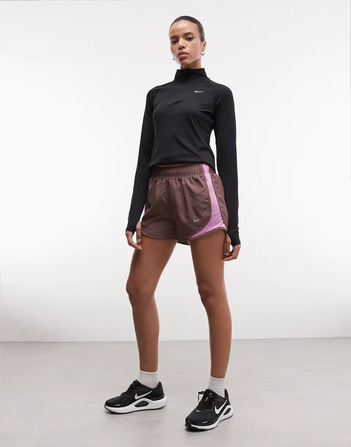 Nike Tempo Running 3inch shorts in brown with purple side detailing