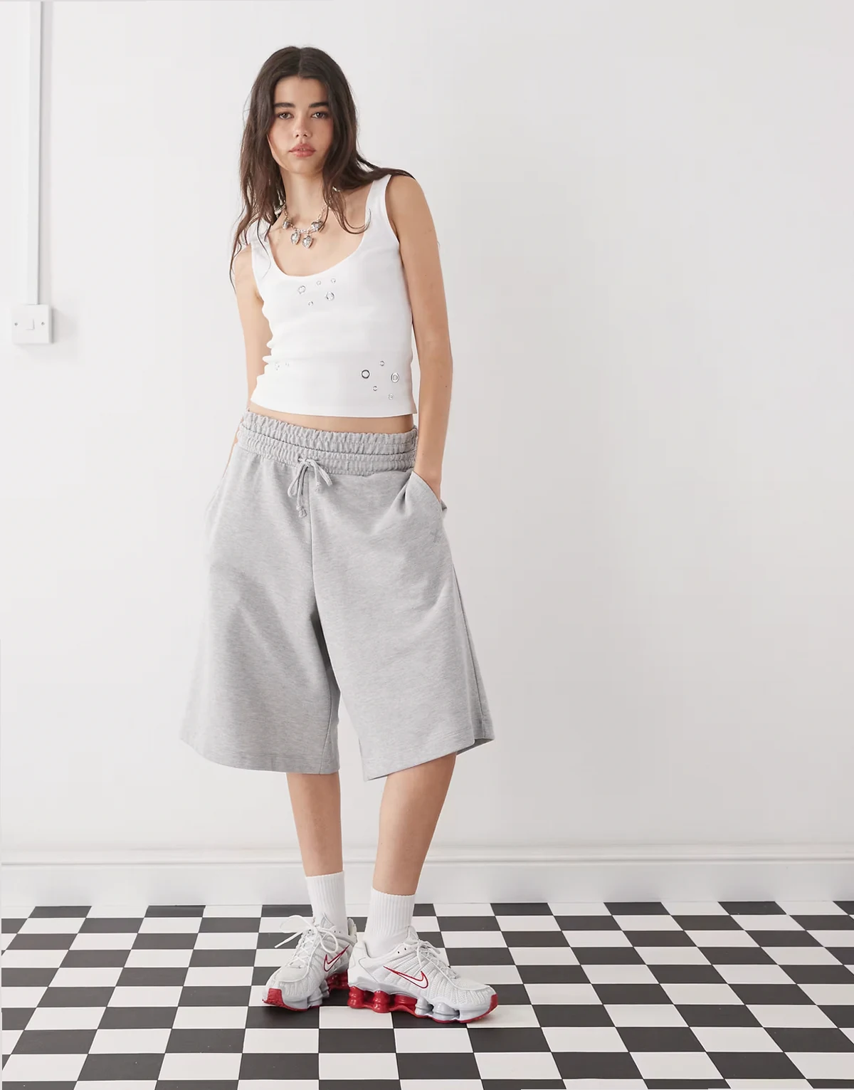 – Longline-Jogging-Shorts in meliertem Grau mit doppeltem Bund