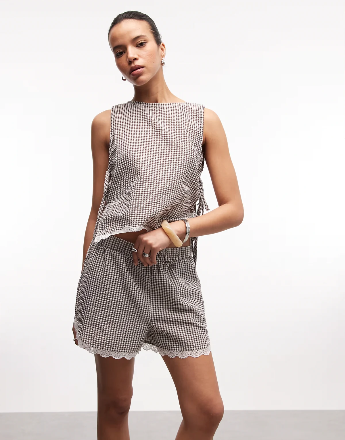 seersucker shorts with lace trim in chocolate gingham - part of a set