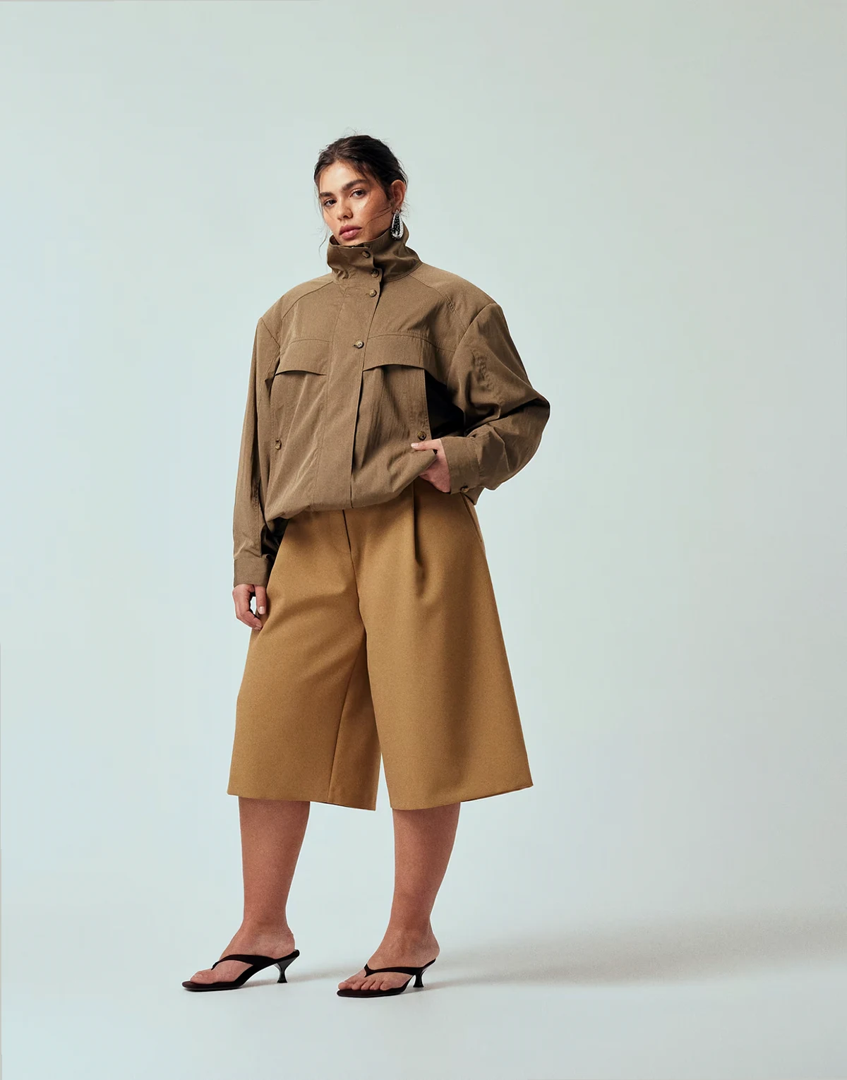 Curve longline tailored cullottes in camel