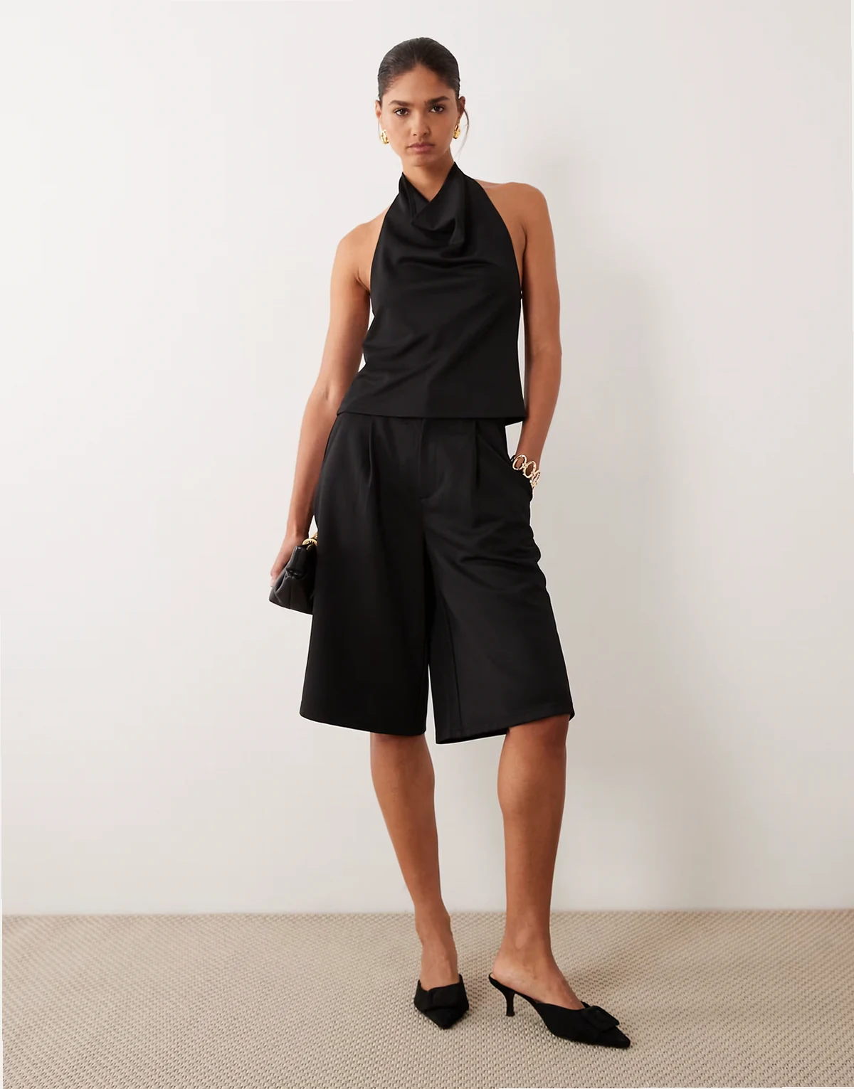 slinky twill tailored bermuda shorts in black - part of a set