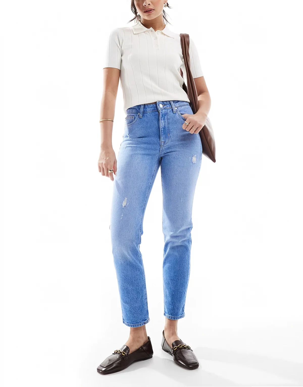 – Emily – Gerade geschnittene Jeans in Hellblau mit hohem Bund und leichten Used-Details