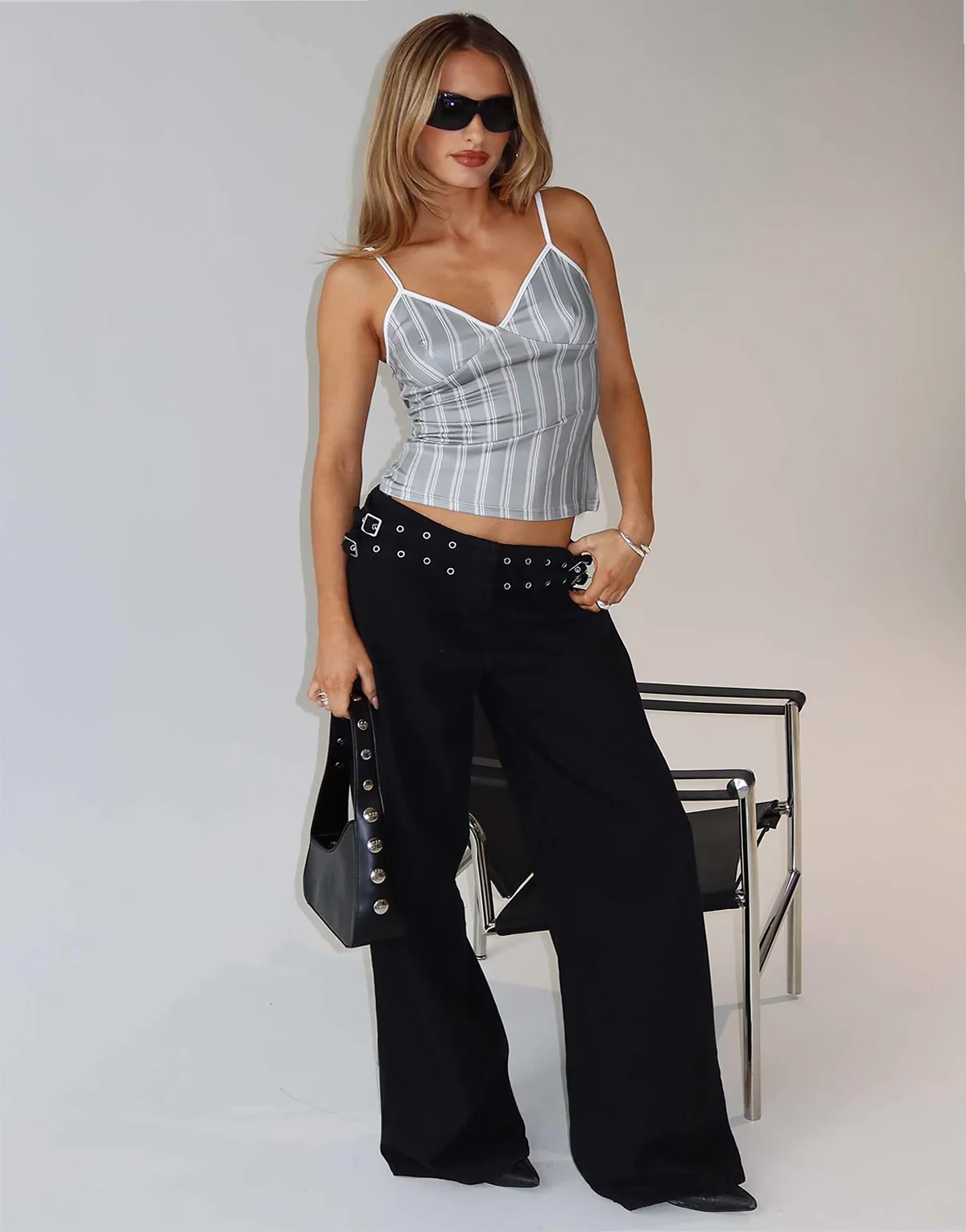 Baccarat cotton rich double belted eyelet detail wide leg denim jeans in black