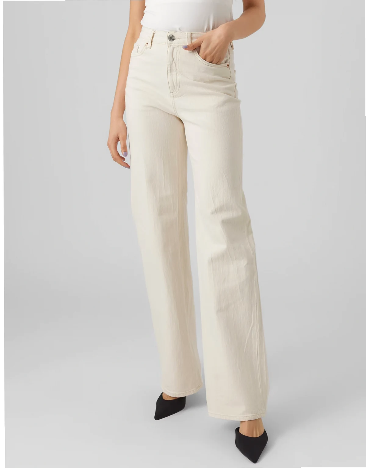 – Jeans in Ecru mit hohem Bund und weitem Bein