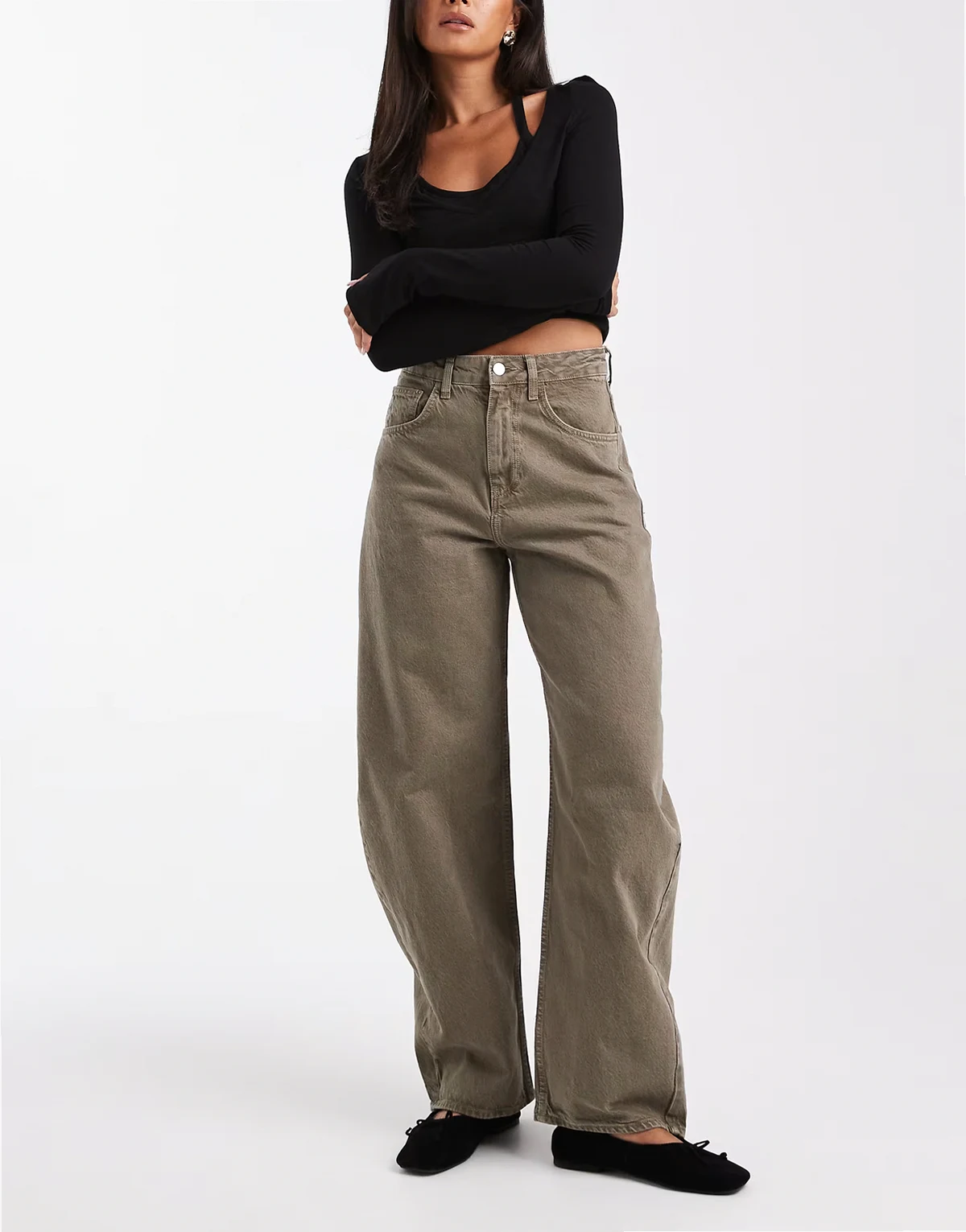 – Barrel-Leg-Jeans in hellem Khaki mit hohem Bund