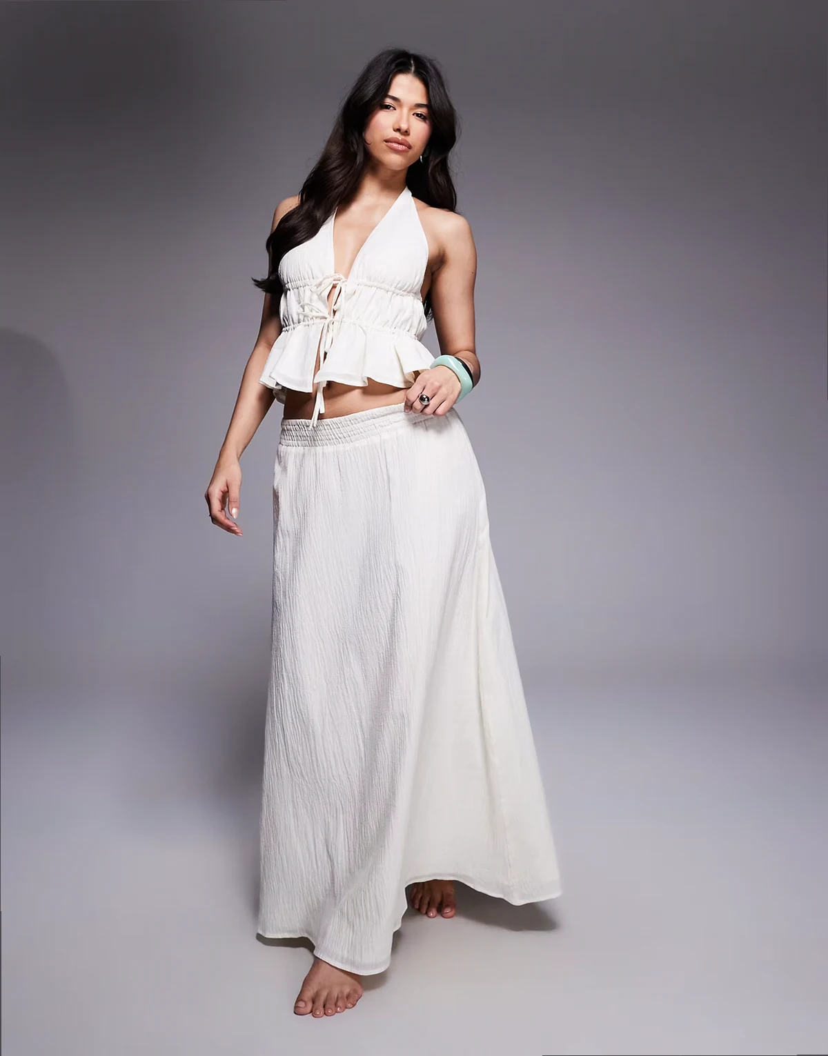 exclusive linen look crinkle tie waist maxi skirt in cream - part of a set