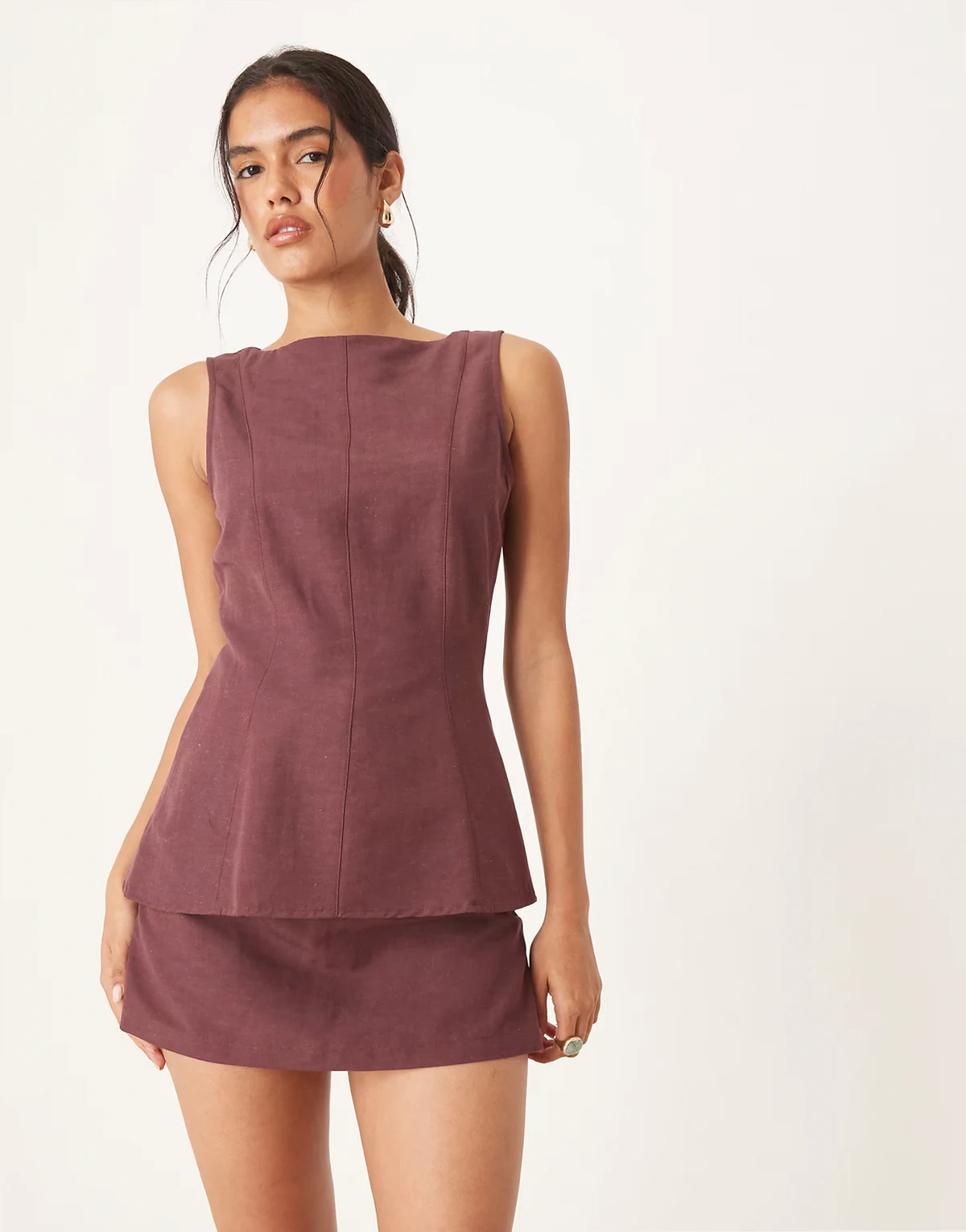 linen look skort in plum - part of a set