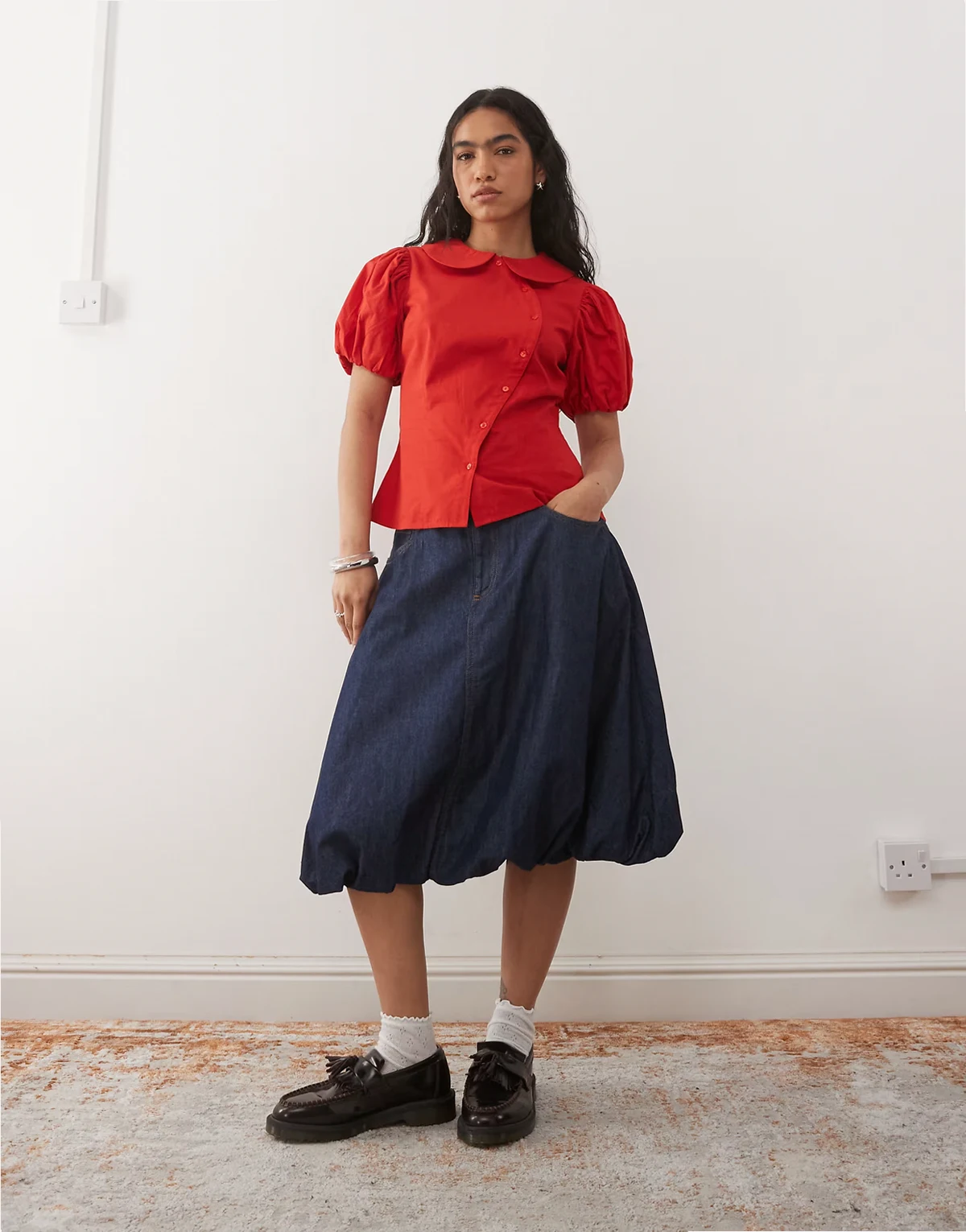 – Ballon-Midirock aus Denim in Indigoblau