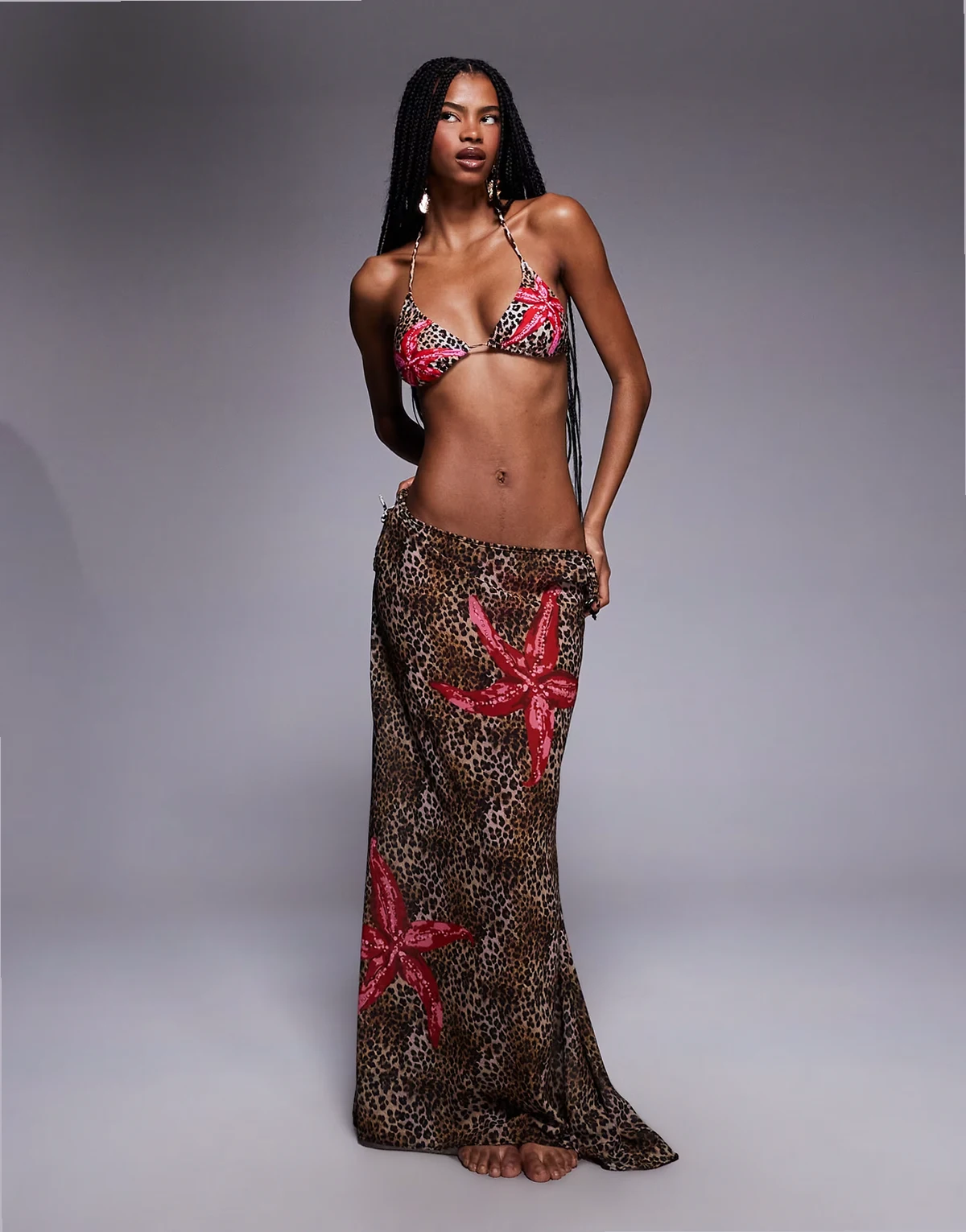 leopard print polygeorgette maxi skirt in brown