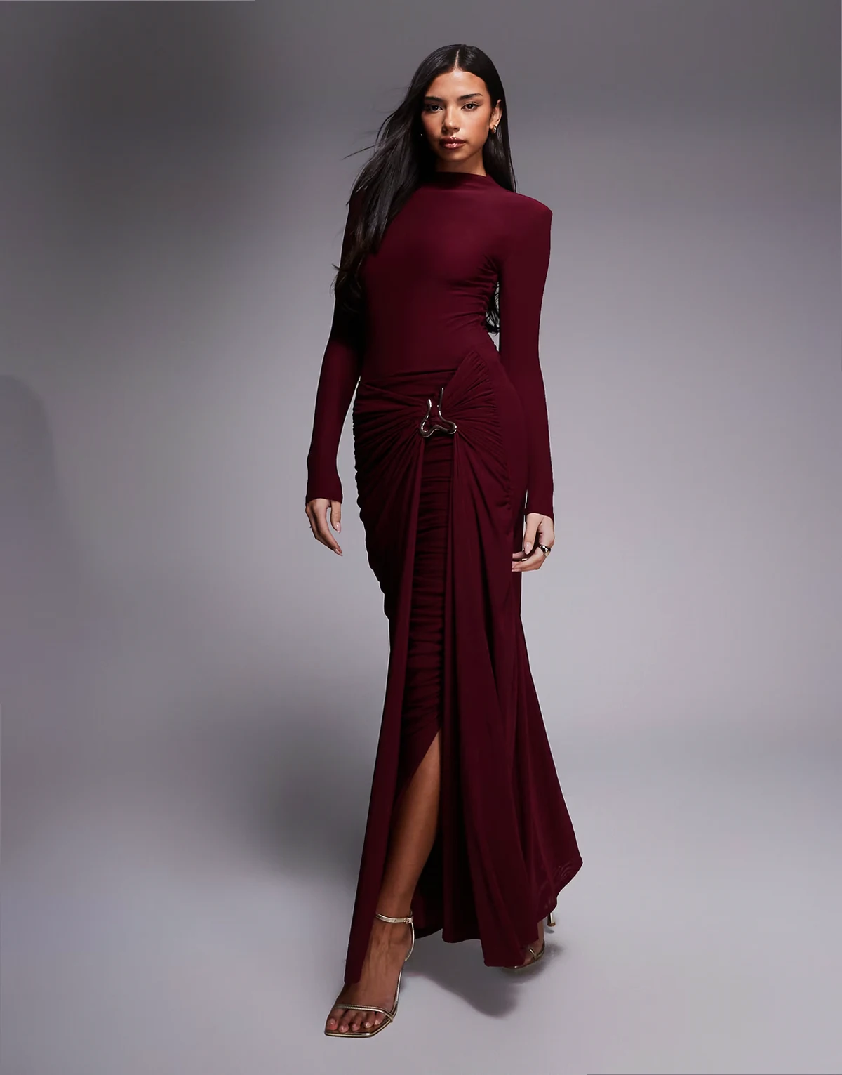 triple layered mesh metal hardware gathered waist detail maxi skirt in burgundy - part of a set