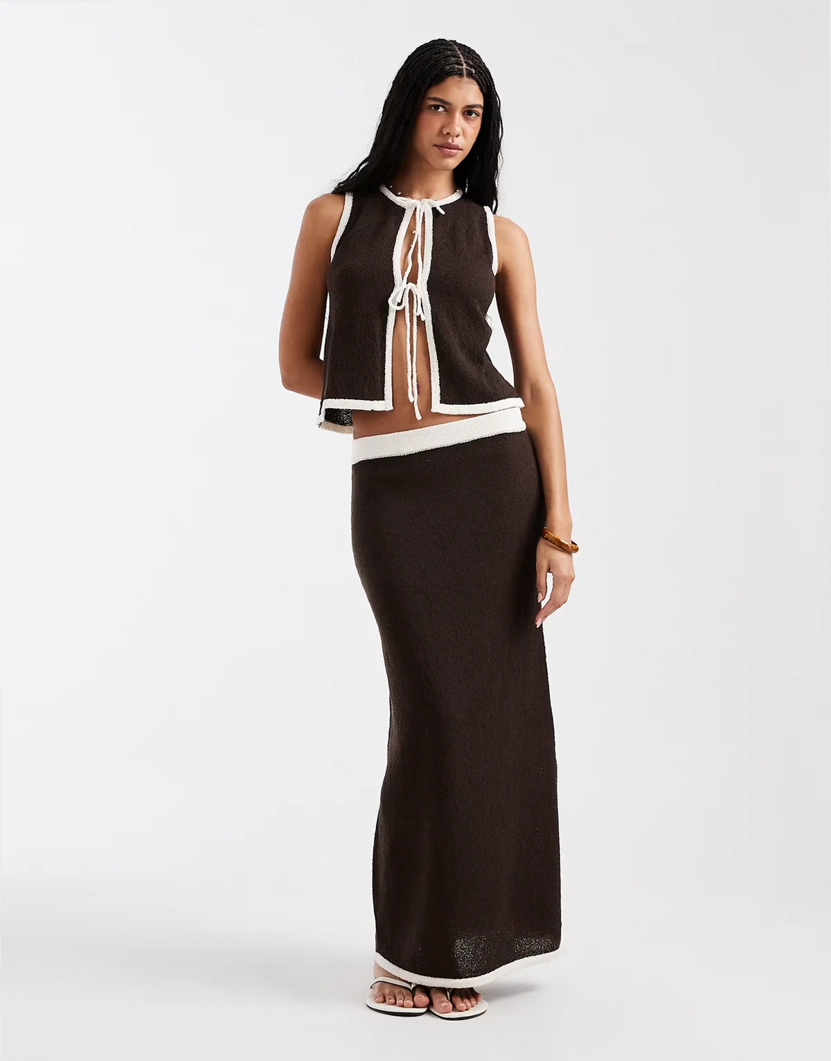 knit contrast trim tie front beach maxi skirt in chocolate - part of a set