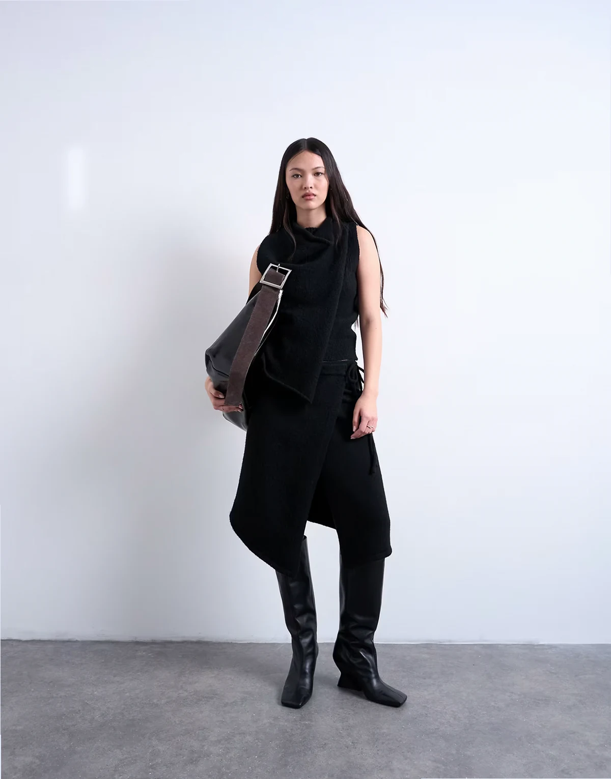 knit asymmetric wrap skirt in black - part of a set