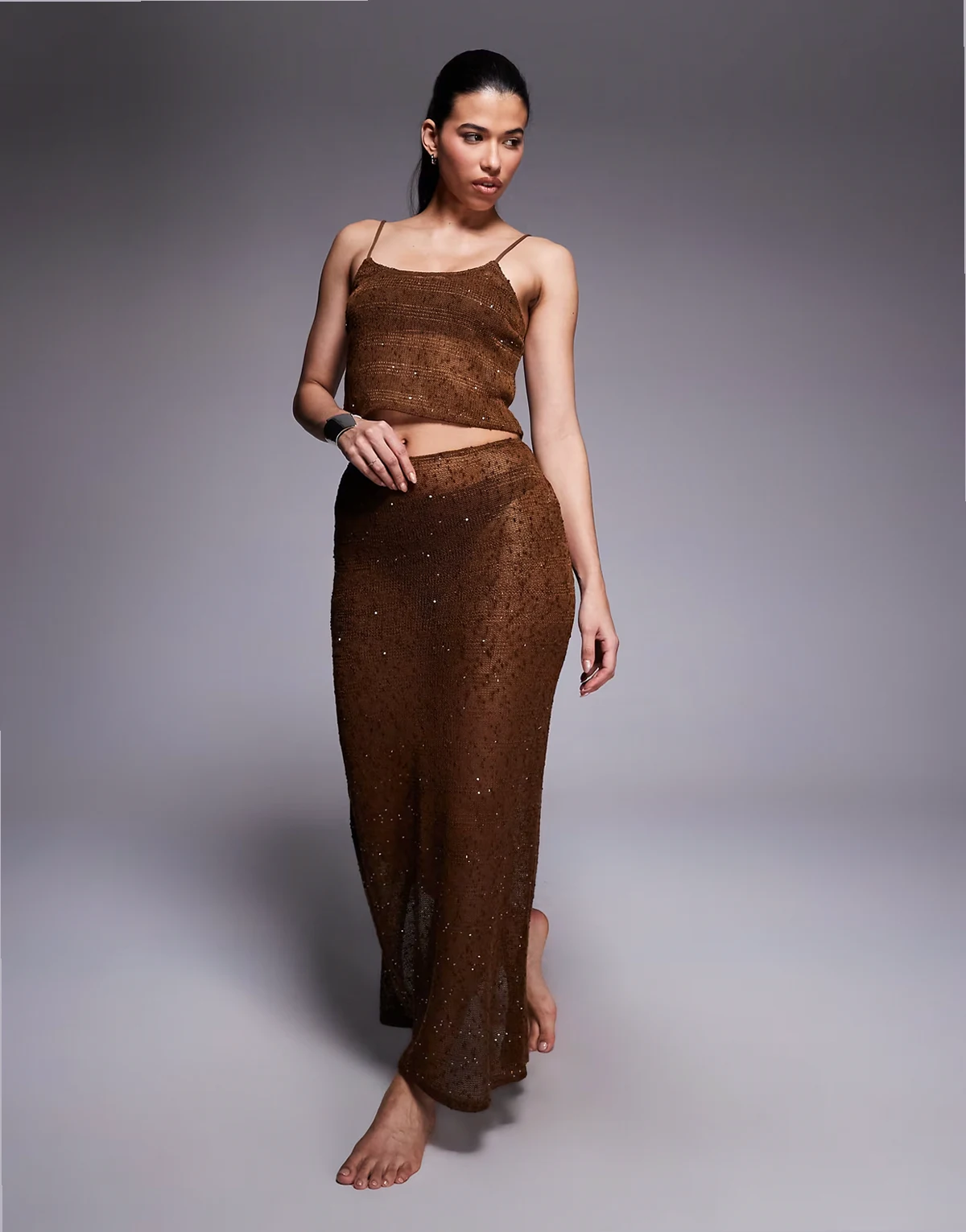 knit sequined beach maxi skirt in brown