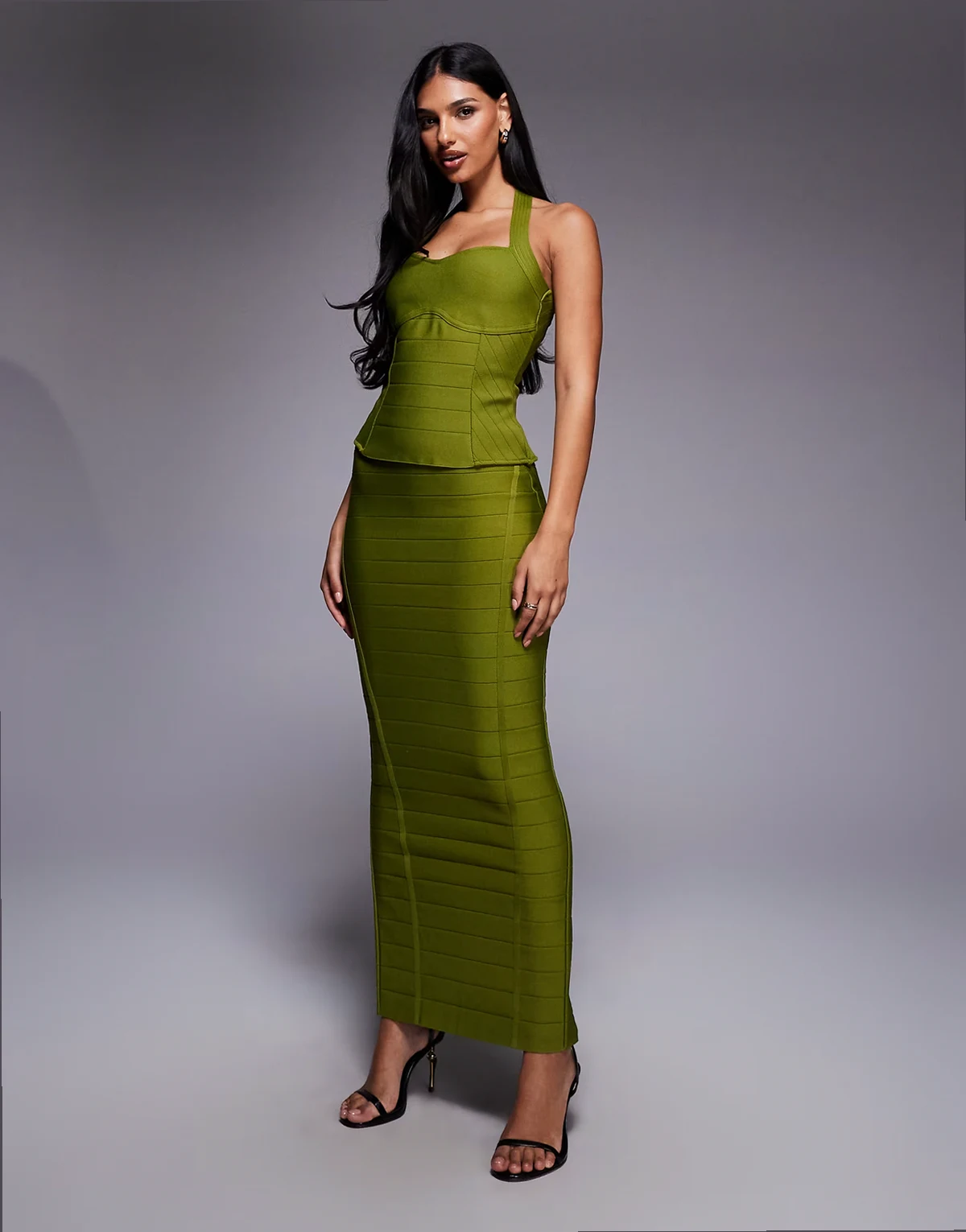 exclusive premium sculpting bodycon bandage maxi skirt in olive - part of a set
