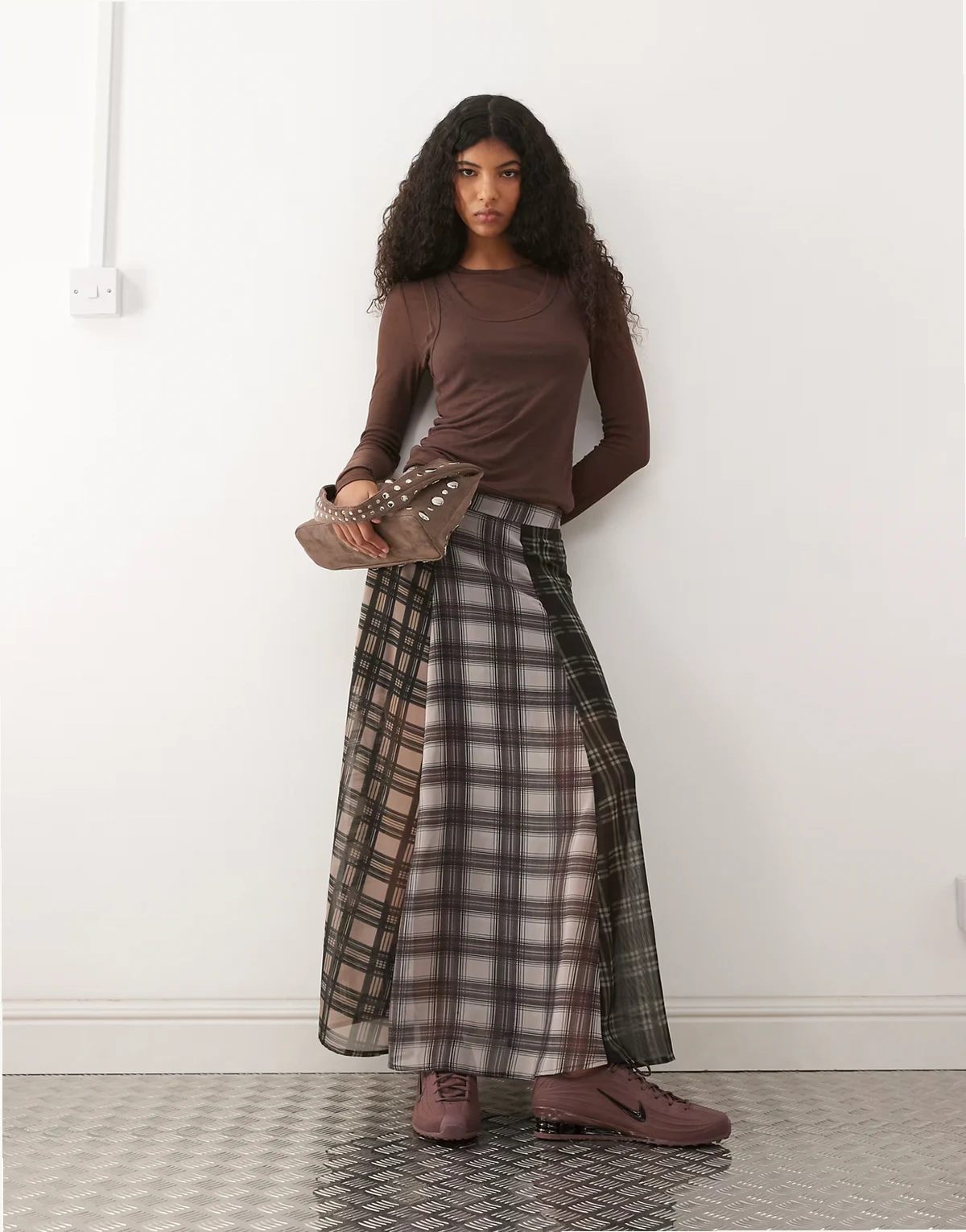 midi skirt in sheer spliced check print