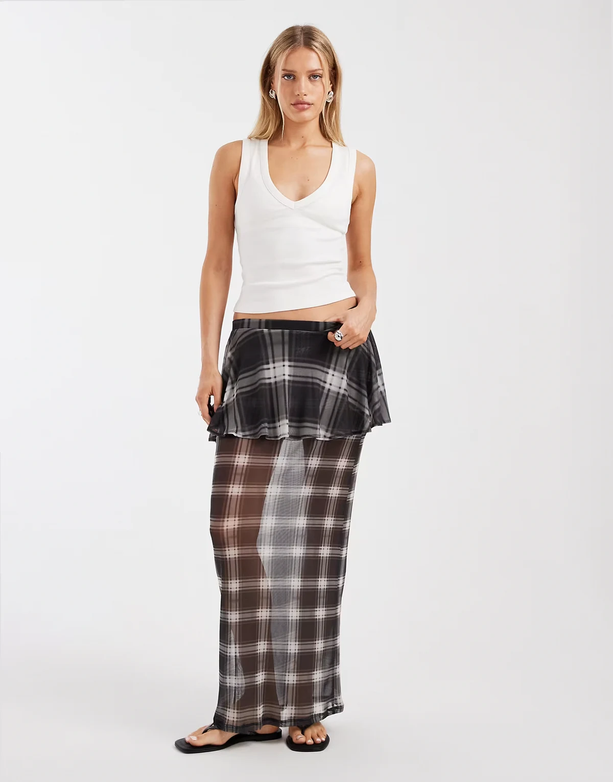 double layer maxi skirt in mesh polka dot print