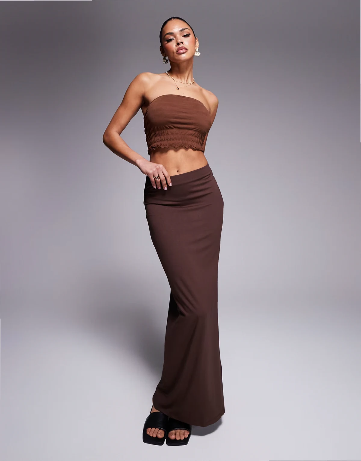 – Jersey-Maxirock in Schokobraun mit geradem Schnitt