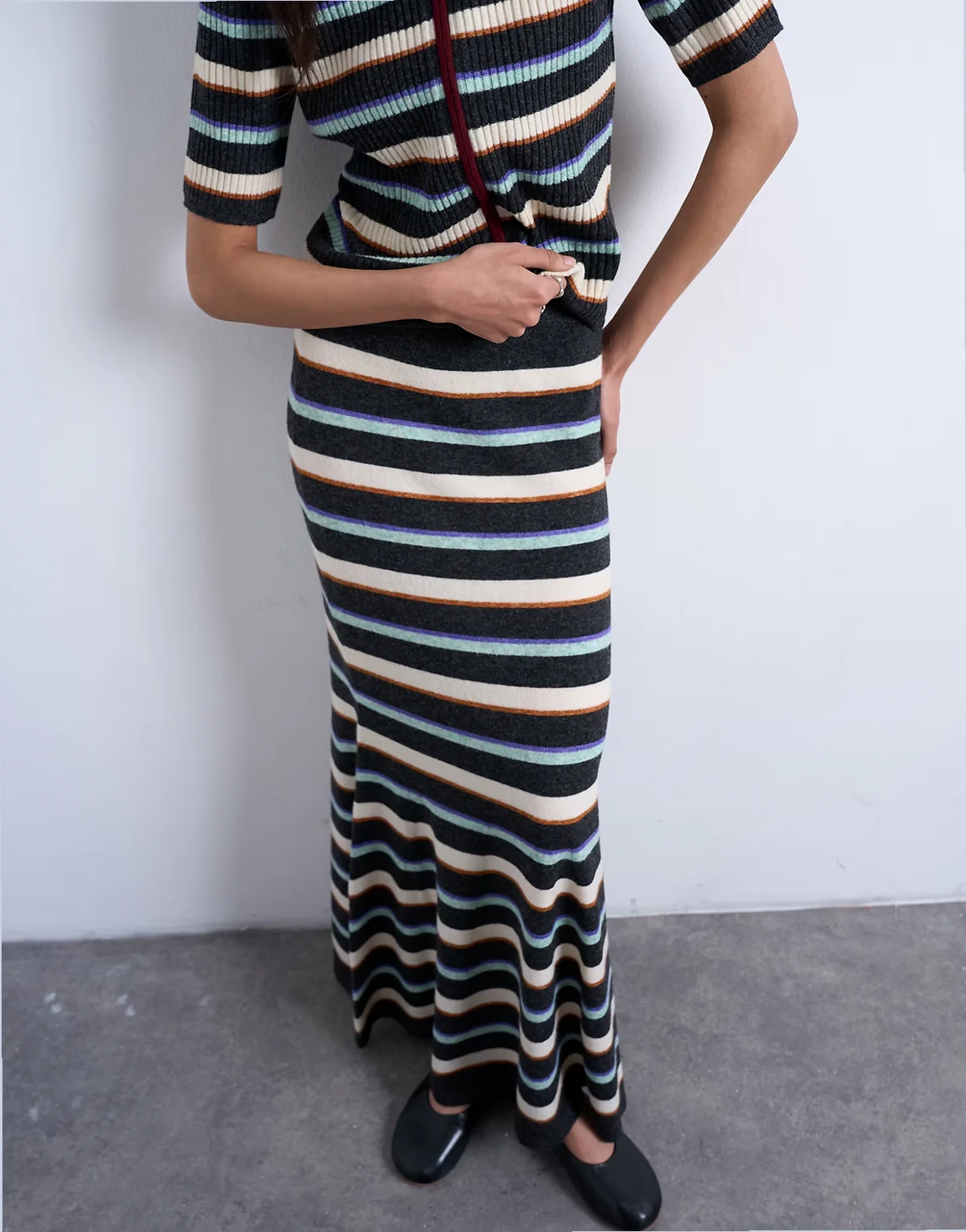knit ribbed multi stripe skirt in burgundy - part of a set