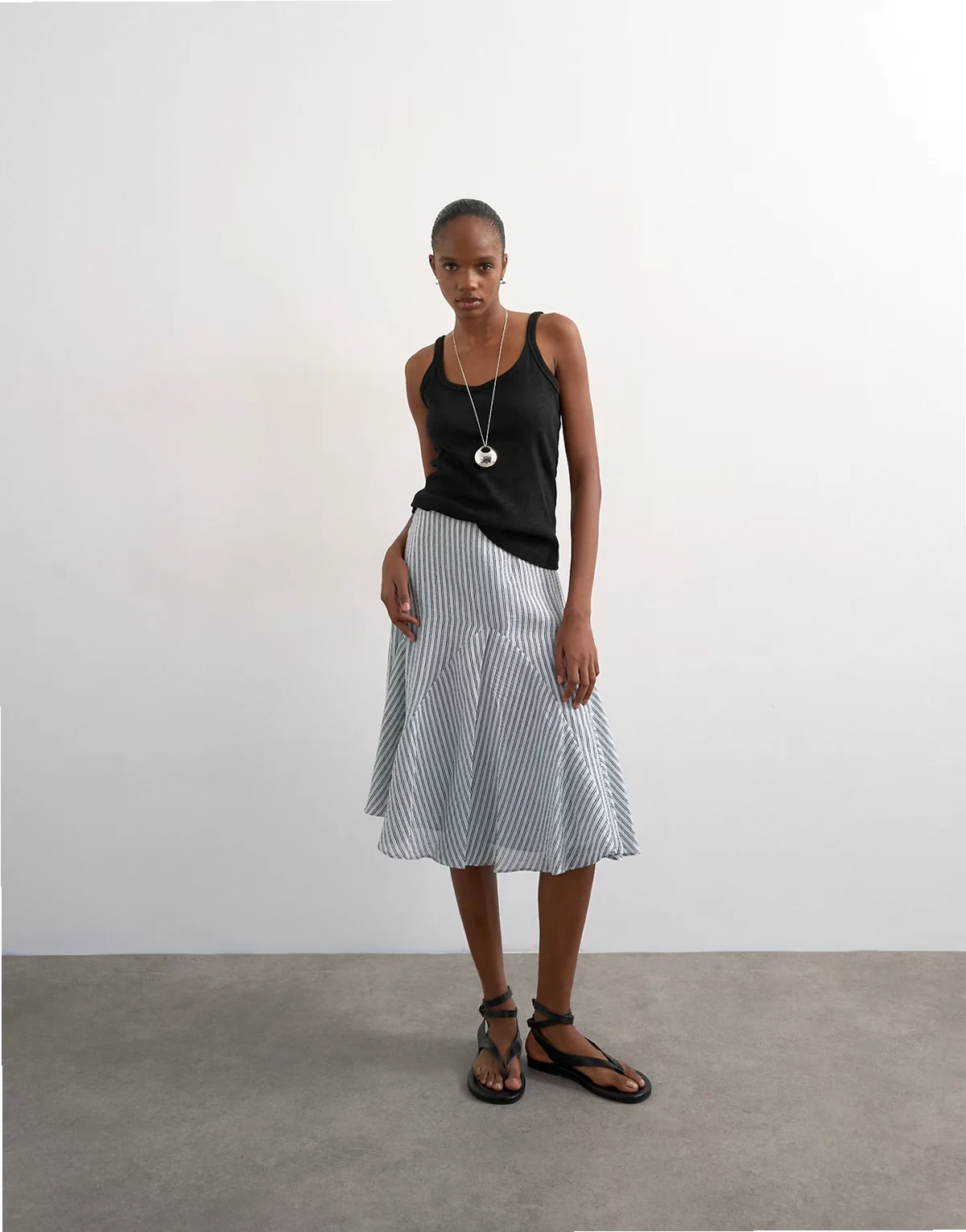 dropped waist godet hem crinkle skirt in black and white stripes