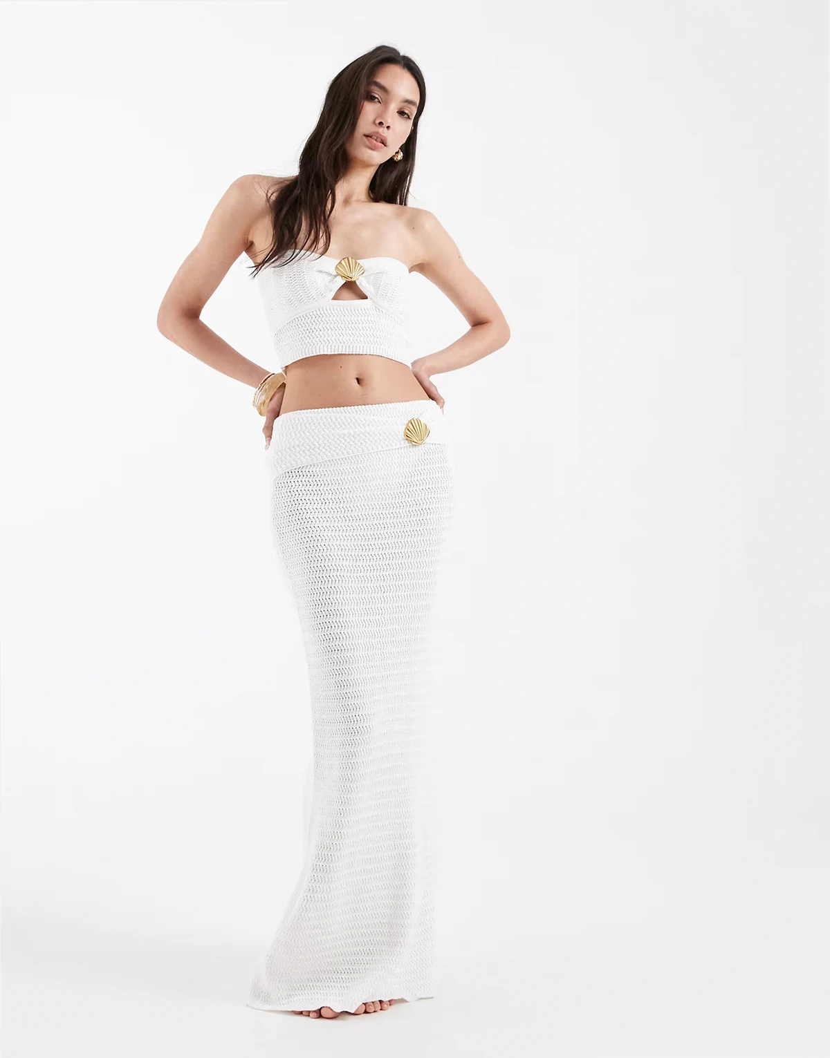 cotton rich knit fold over gold shell hardware detail beach maxi skirt in white - part of a set