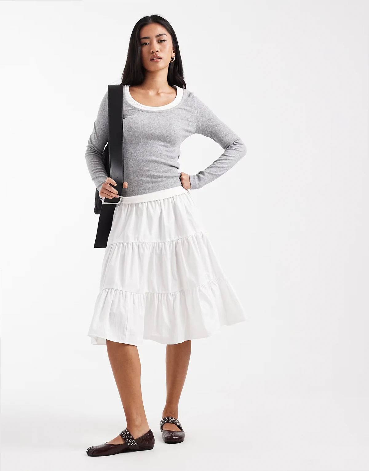 tiered volume 90s midi skirt in ivory