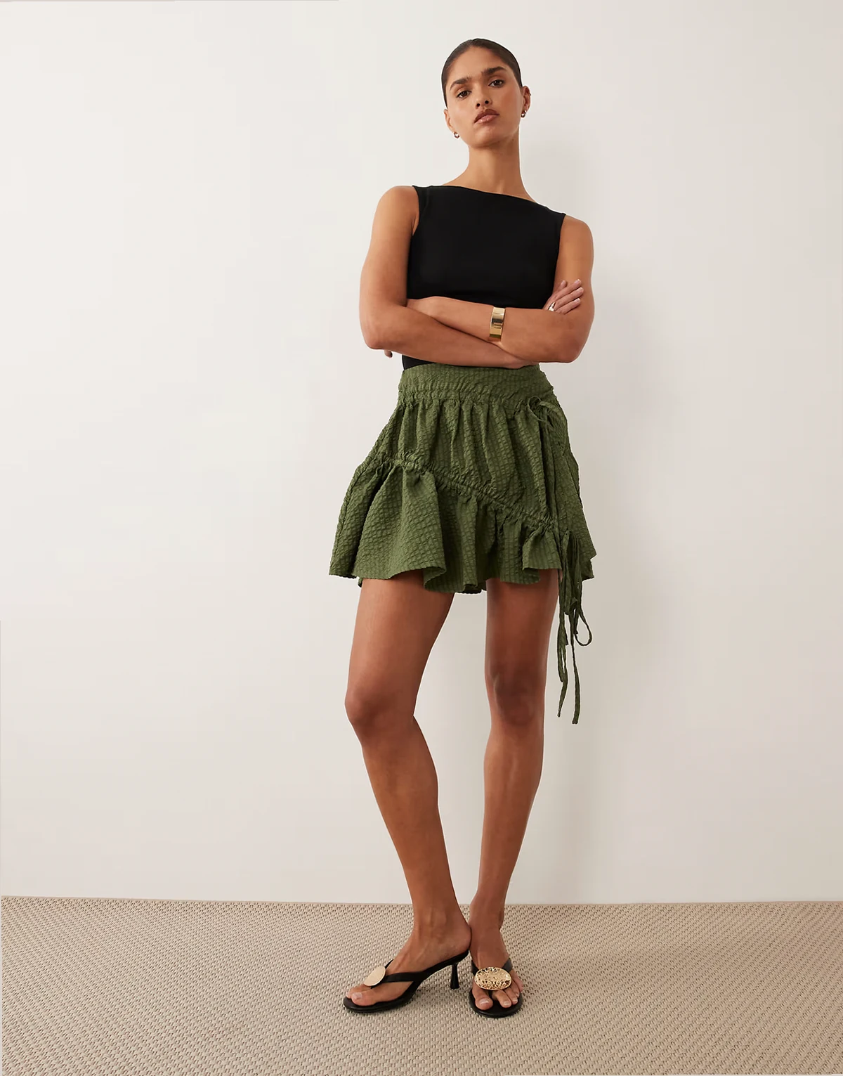 drawstring detailing floaty mini skirt in dark green - part of a set