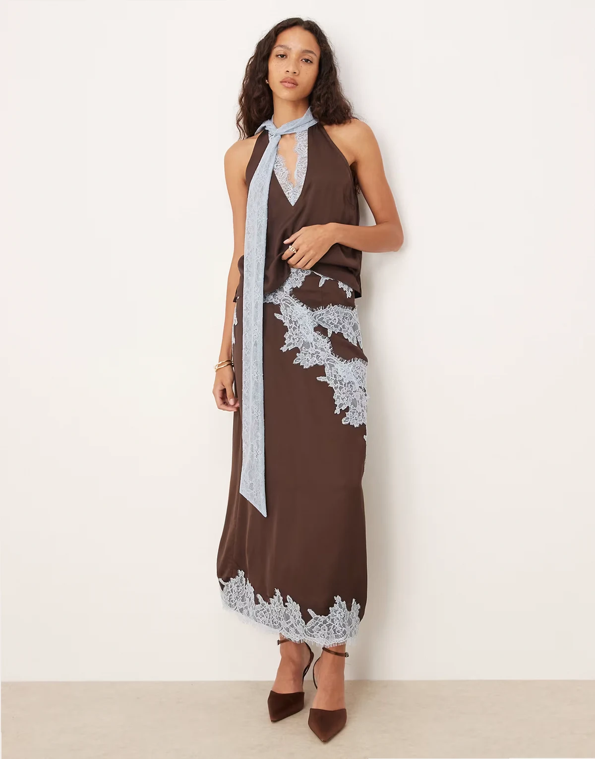 lace trim satin maxi skirt in chocolate - part of a set