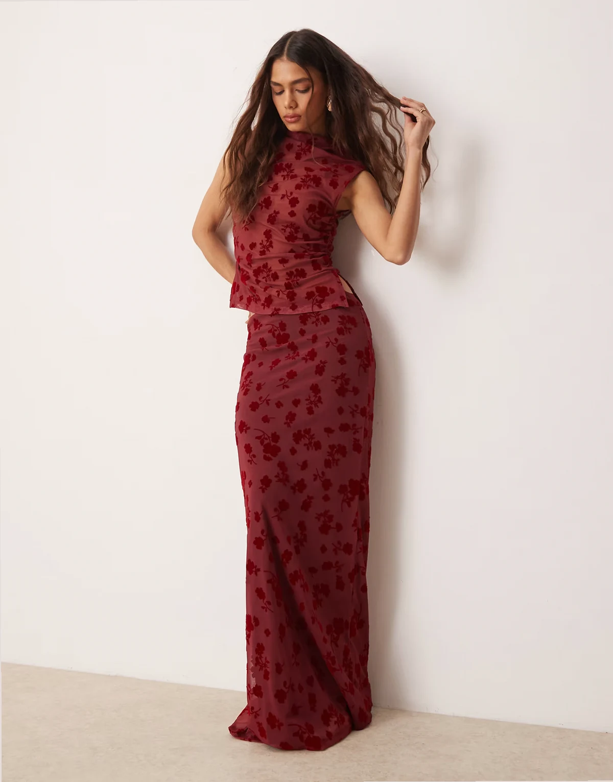 flocked mesh low rise maxi skirt in red - part of a set