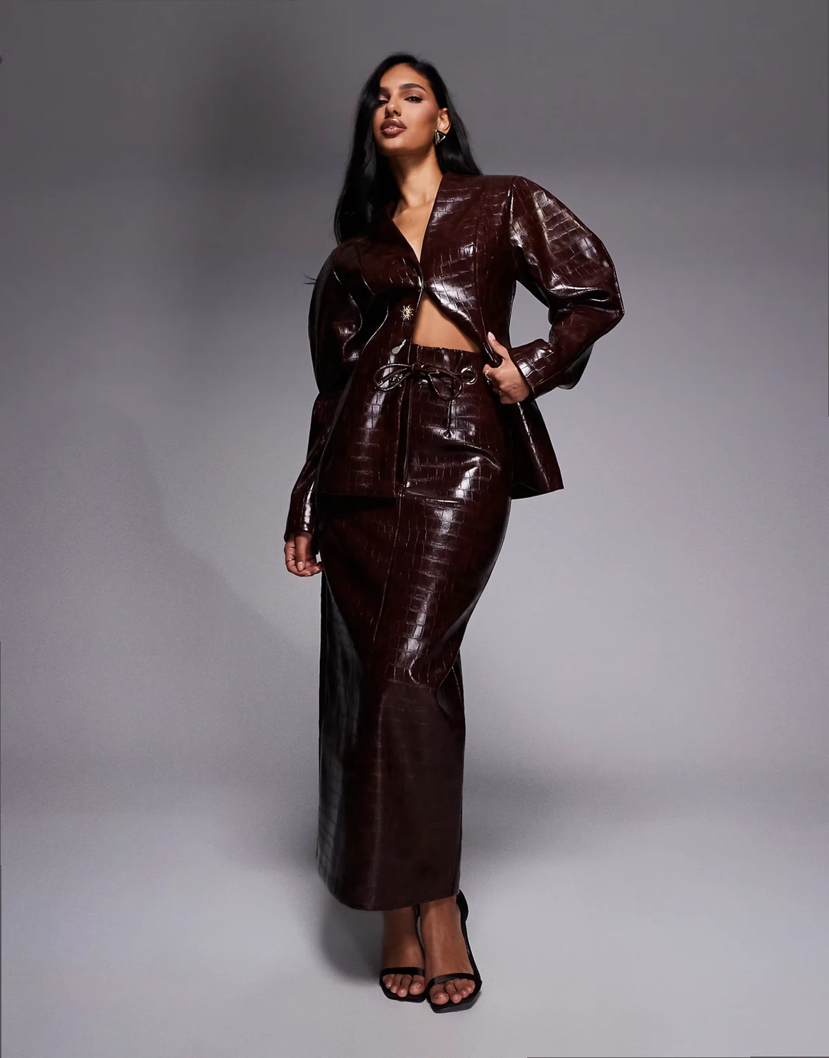 croc pencil midi skirt in chocolate - part of a set