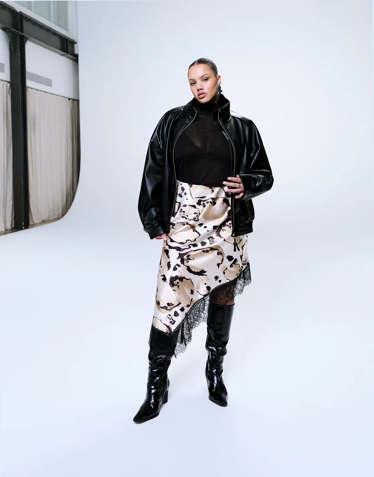 ASOS DESIGN Curve satin asymmetric lace trim skirt in animal print