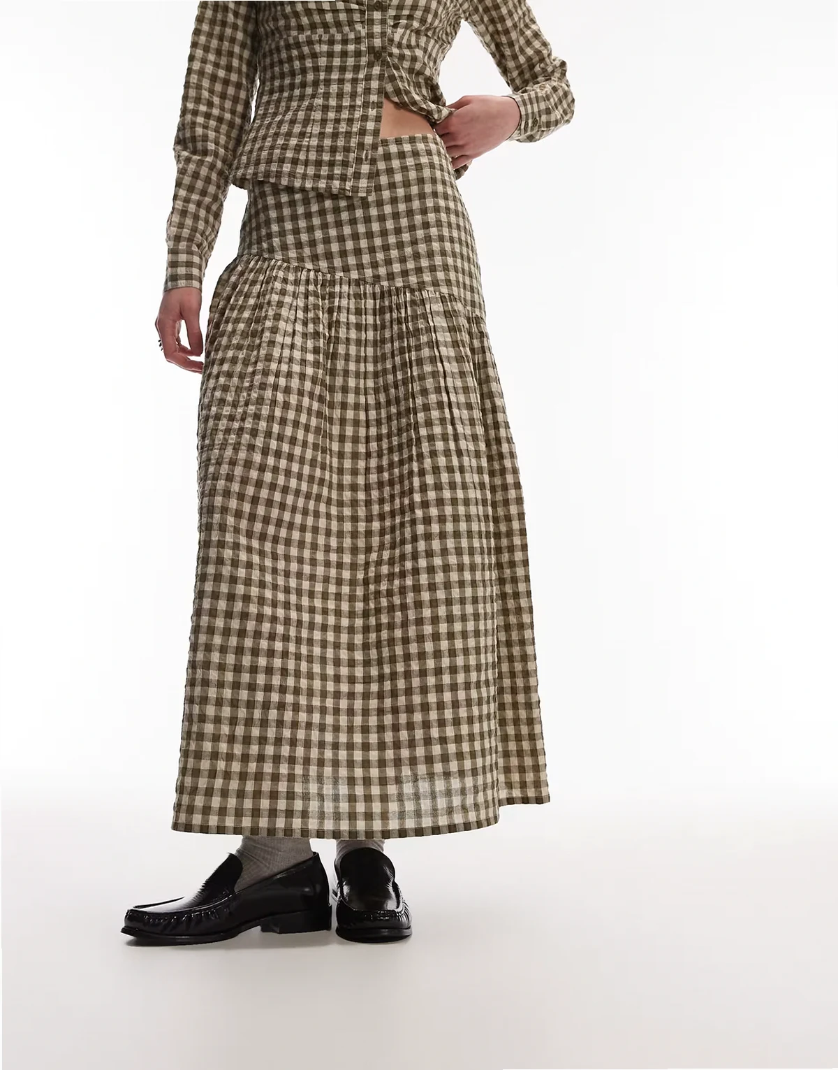 – Spódnica maxi z obniżoną talią w zieloną kratkę vichy