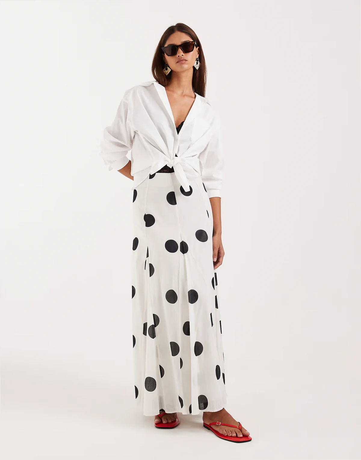 cotton godet maxi skirt in polka dot print