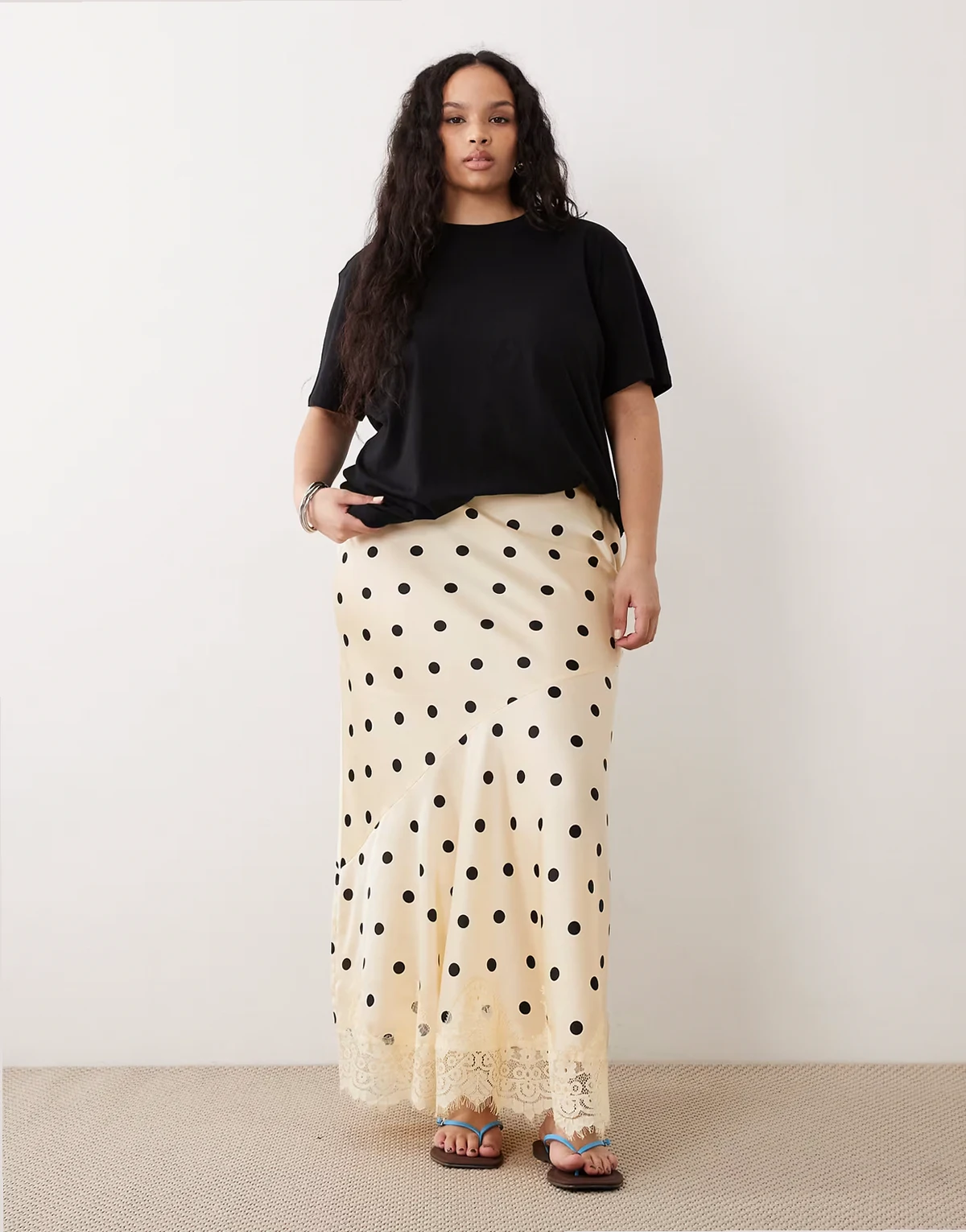 ASOS DESIGN Curve lace hem fishtail maxi skirt in polka-dot print