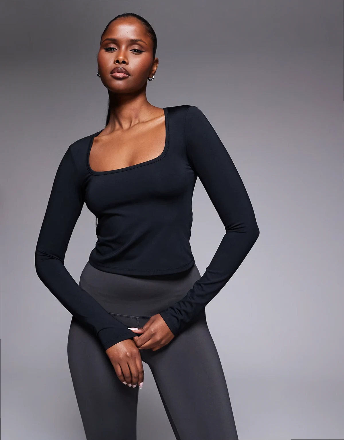 active square long sleeve top in black