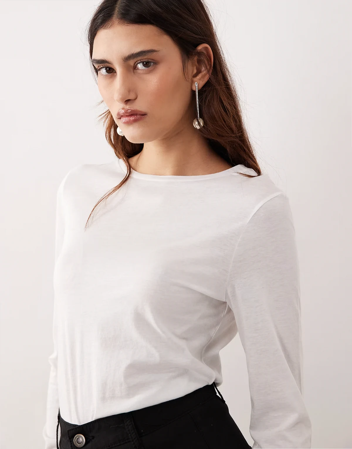 seam detail long sleeve jersey top in white
