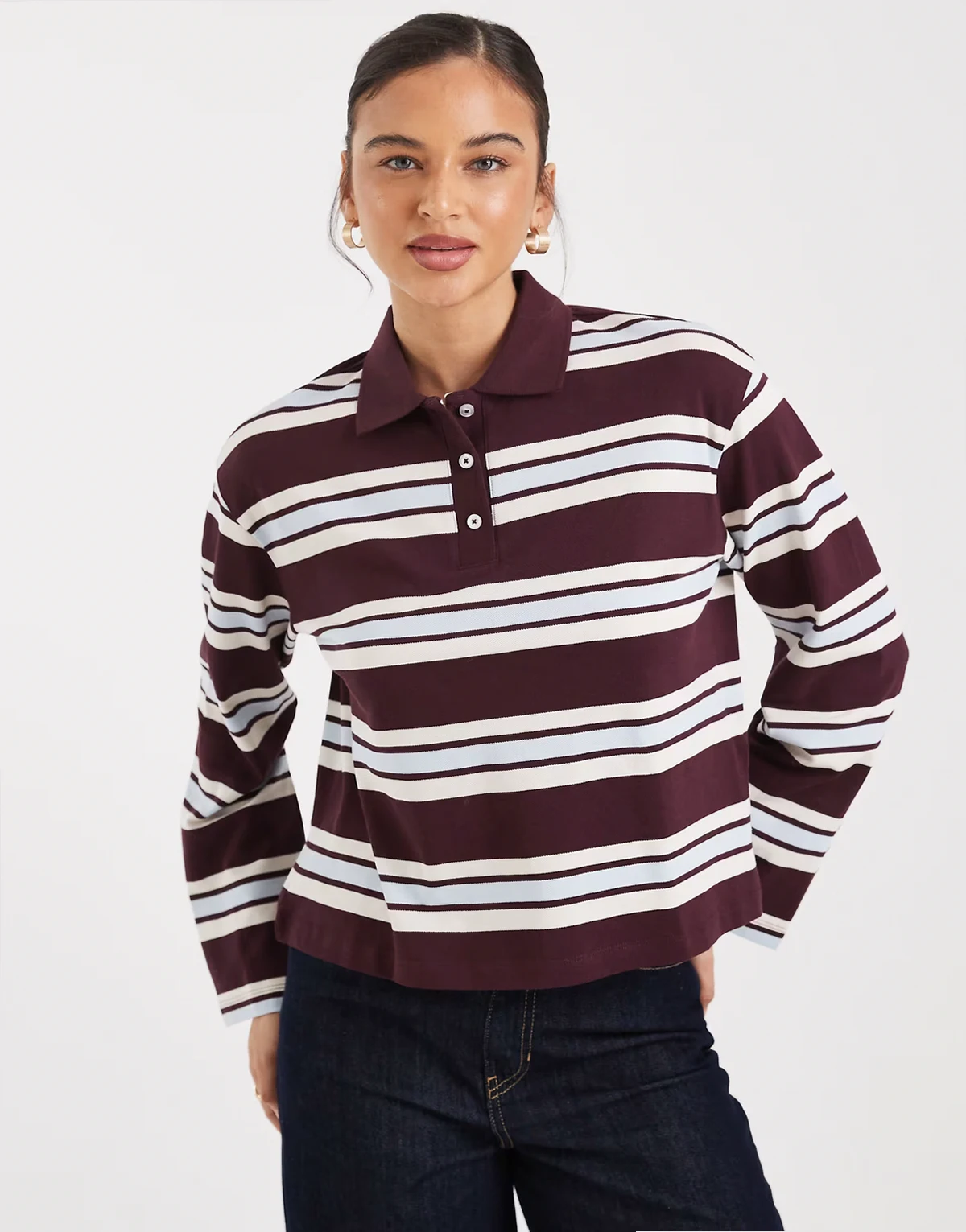 rugby polo in burgundy and soft blue stripe print