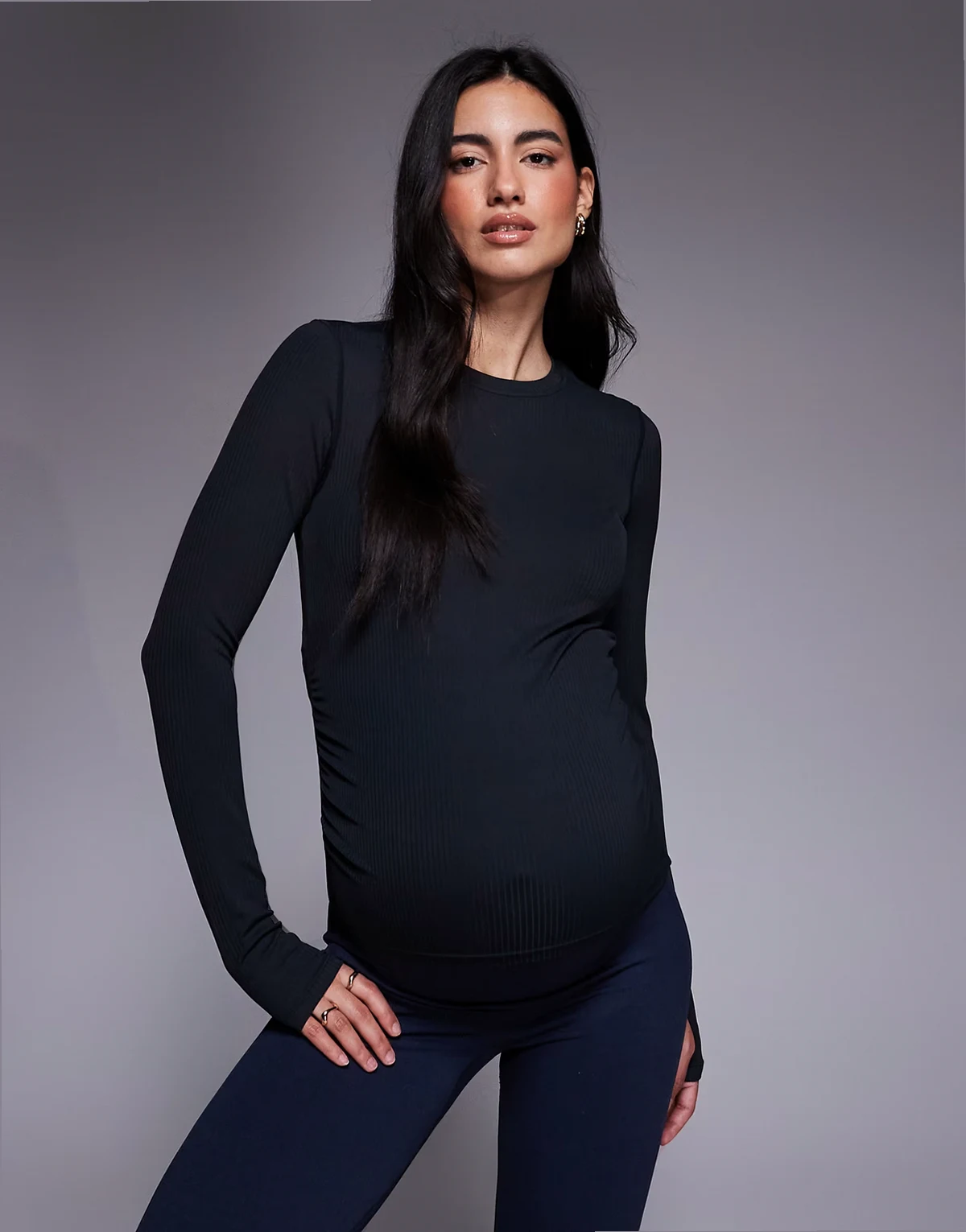 Maternity plush handle rib long sleeve warmup top in black