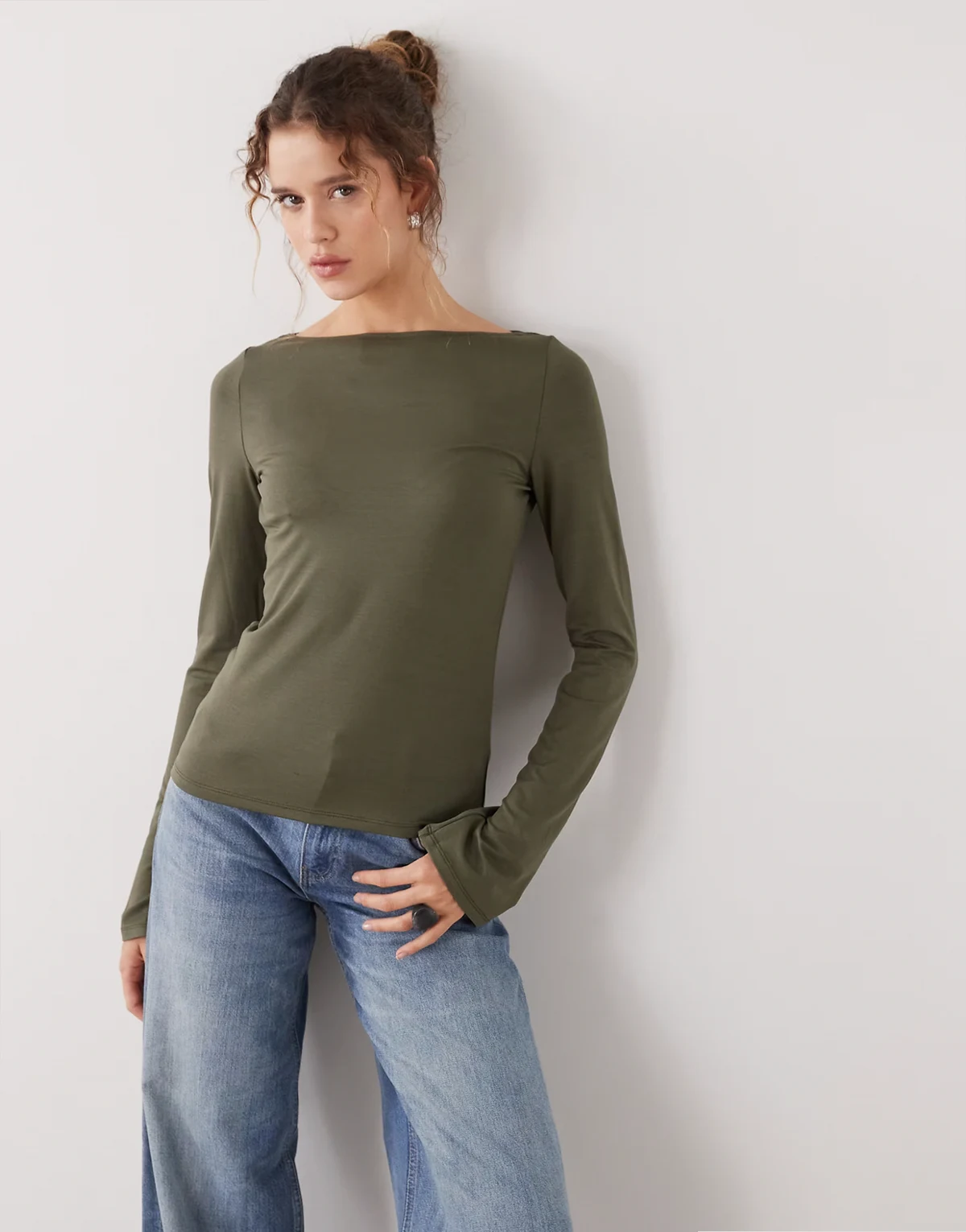 Annie super soft long sleeve boat neck top in khaki exclusive to ASOS