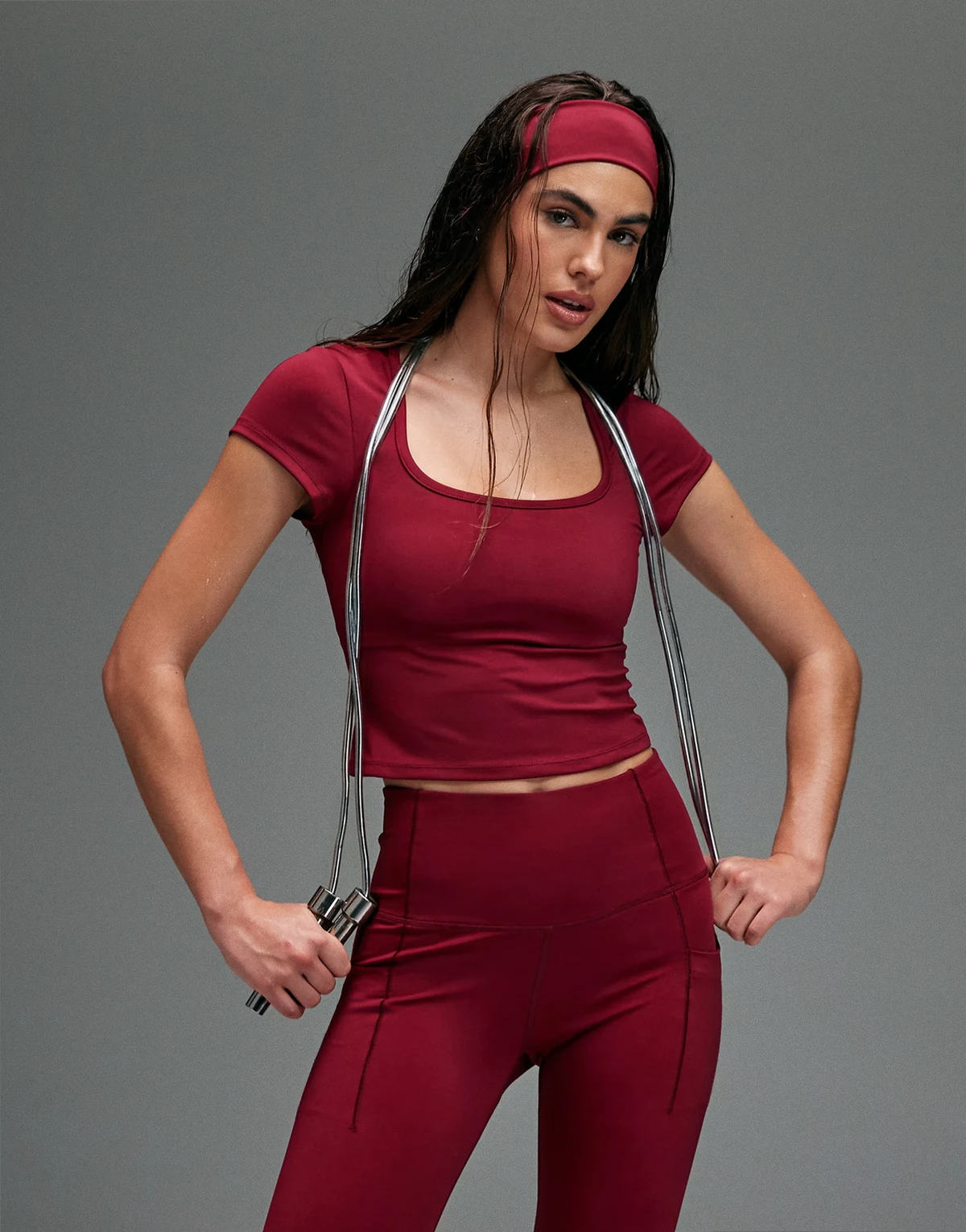 active square cap sleeve top in cherry red