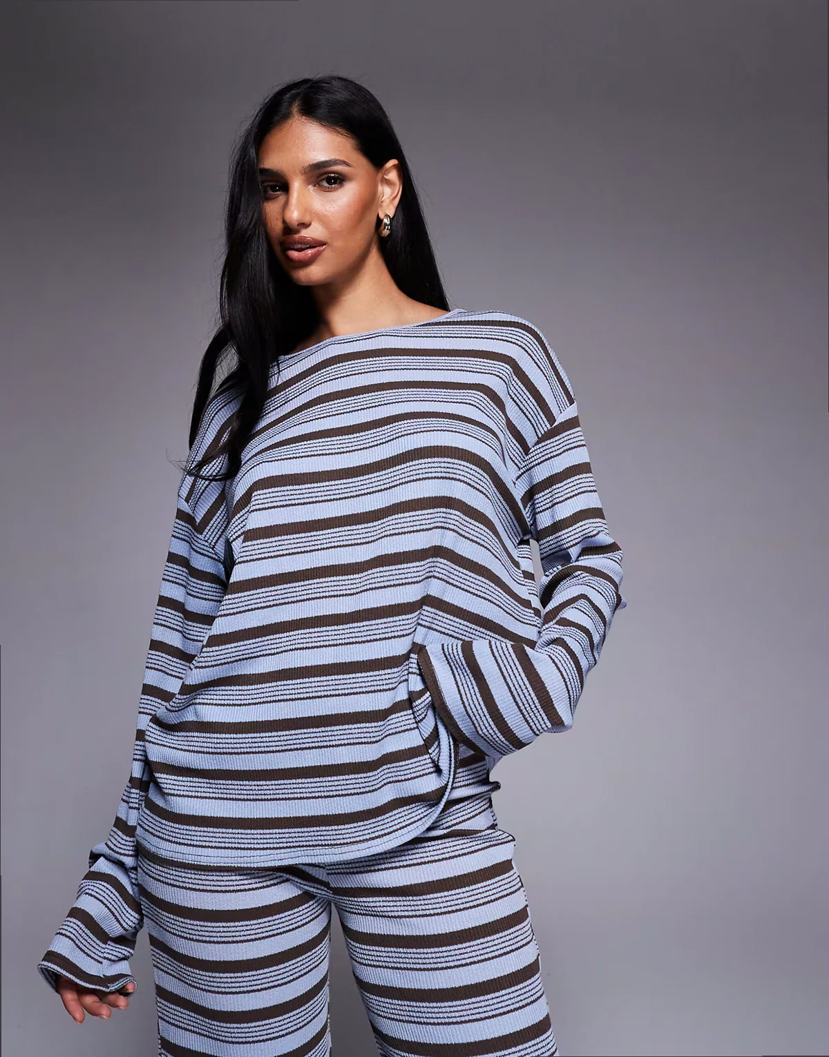 exclusive rib knit oversized long sleeve t-shirt in blue and chocolate stripes - part of a set